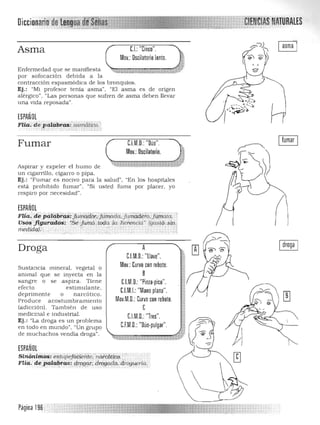 _;:;'
~
f~-_
Dicci
Asma
Enfennedad que se manifiesta
por sofocación debida a la
contracción espasmódica de los bronquios.
Ej.: "Mi profesor tenia asma". "EI asma es de origen
alérgico", 'Las personas que sufren de asma deben llevar
una vida reposada".
ESPAÑOL
Flia. de paiabras{ asméilICO","
'. ~.:. . .- -.-.
C.I.:"Cinco".
Mov.: Oscilatorio lento.
Fumar C.l.M.O.: "Oúo".
Mov.: Oscilatorio.
Aspirar y expeler el humo de
un cigarrillo, cigarro o pipa. 

Ej.: "Fumar es nocivo para la salud" , "En los hospitales 

está prohibido fumar", "Si usted tu rna por placer, yo 

respiro por necesidad". 

ESPAÑOL
F1Úl, CÚ pal(¡pras:.fi.ún(¡dú, fúma.da, fumadero. j úmaia,
Usos'jlguradós;, ~~ jumó , toda la herencki" Igasrósin
rtleqido:J>; . ,. ' .
Si1Íó1lim~: esuLpe] i:J.8.erfie;' na('[:OttcQ' ooc . •
FHa.' de.p'alabras: q(()grar:. droga4.o;.dToflUfi'.ria."~" , .-,' ...• ('. . ~ -. -.-'
Droga
Sustancia mineral, vegetal o
anima l que se inyecta en la
sa ngre o se aspira. Tiene
efecto estimulante.
deprimente o narcótico.
Produce acostumbra miento
(a diCCión) . También de uso
medicinal e industrial.
Ej. : "La droga es un problema
en todo en m undo", "Un grupo
de muchachos vendía droga".
ESPAÑOL
: .
Página 196 ,
A 

C.l.M.O.: "Llave". 

Mov.: Curvo con rebote. 

B 

e.l.M.O.:"Pinza'pico". 

C.l.M.I.: "Manoplana". 

Mov.M.D.: Curvo con rebote. 

C 

C.I.M.D.: "Tres".
C.F.M.D.:"Oúo·pulgar".
'''tl. ~'*;;;W~~

 