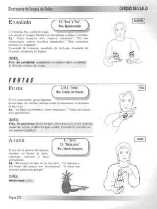Mov.: Opuesto divergente. "«~.
"
"; ~:;;;J. ~Y. r;;;;:¡;;;;;¡;~:;;jr:r
Ej.: "El a na ná en lata no es tan rico", "La cáscara y
decorativos". "A veces los
C.I.:"Garra" o"lres".
Mov.:Opuesto circular.
I ensalada IEnsalada
l . Comida fria condimen tada
con aceite y vinagre hecha con hortalizas cludas Ococidas.
Ej.: "Esta sema na sólo comeré ensalada". "En ese
restaurante sirven muchas ensaladas". "Hoy comemos
primero la ensalada".
Ensalada de tomates, ensalada de lechuga, ensalada de
pepinos, ensalada de frutas.
ESPAÑOL
Flia.. de pál<ilii'í:1Ji,eifi&lrii1eró (recipi~tiJe paraen~ci4í(tw.
2. lrfezda. confusa d.é'cosas. " . . . .
',UIAI
Fruta
Fruto comestible. generalmente ~04 .
azucarado, de ciertas plantas como la manza na, el durazno.
la naranj a.
Ej.: "La fruta es nutritiva , tiene vitaminas", "Todas las frutas
son agradables".
ESPAÑOL
FHa, de pa labr ps;'jJfUtátifárQ<j(oplanld'quó:dajrutCi},,ffU¡e~
(lugar!;ie ¡.J<;¡i'tq,i.Jn:!tiJtli7e/!í,ljé ¡"'r¡Íi.rl.JriJ(fCliltura (eS(u.tÜO:de
laS plg;ttas J'tJfi,Ci;~~$): ' '.' '.' .... '. .. . . .
ananá
Ananá C.I.: "Garra".
.~
CE: "Oedos juntos".
Fruto d e la planta del mismo
nombre en forma de piña.
"i~.carnosa, sabroso y muy
perfumado.
las hOjas del a naná son
ana nás producen alergia".
ESPAÑOL
Sinónimos: piña.
Página 220 .
 