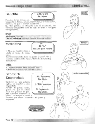 DiccionariodéL,~~¡uade
C.l.M,D,: 'T' curva,Galletita
Mov,: Golpeteo,
Pequeñas tortas hechas con ..; 

una pasta de harina, azucar, sin levadura, y a veces huevos, 

manteca, etc, que se cocinan en el horno, 

Ej.; "Las galletitas de chocolate están en el armario", "No 

comas ni una galletita antes del café", "No toma la sopa pero 

come galletitas", 

ESPAÑOL }Sin6tiirn,.ps,:,biZCOéhb: ' " '" , ,,,--,, ' '." .
'Fliq. 4e pa:!Wi'á$~ glllleteria (rli':gOCio de venid). galleta.',' . <o. .:<'::;: .,d.. ........".,.,"". ;"... _, .. ).. ,,¡;.. ., 'o, :. .. . .. "."... •.•• . . .. •. 

Imedialuna Ie.l.: ''L'',Medialuna
1, Masa de hojaldre dulce o
salada en forma de media
luna,
Ej,; "Comimos media luna
confitería venden media lunas", "Entre las facturas hay
media lunas",
ESPAÑOL
2, .Cit:alr¡uier cosa erífdi'iTui d~';ne(liá'tima,
3. Momento en que IdIuna esliLppr támUad:• • • _ _ o,. , ..:-,__ • ",~"" _. _, o', •
e.F.:"Pico",
Mov,: Curvo opuesto divergente,
con jamón y queso", "En la
_.J
Sandwich
Emparedado
Sandwich es una palabra
inglesa, en español se dice
emparedado,
Porción de jamón, carne,
queso, etc, qu e se coloca
entre dos pedazos de pan,
Ej,; "Llevamos sandwichs al
pic nic", "Se rompió la cocina y
tuvimos que comer sandwichs
mayonesa",
A 

CJM.O,: "Ángulo cerrado", 

Mov,: Golpeteo, 

S 

e.l.:"Mitón" manos juntas,

e 

e,l.:"ÁngulO cerrado", 

Mov,: Golpeteo, 

de queso y
,I 

tJ
Isandwich/emparedado I
""~,, o ••
Página 230
 