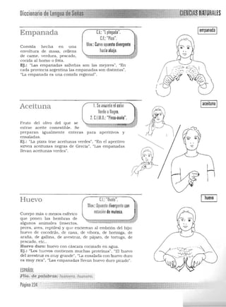 Diccionario
Iempanada IEmpanada
Comida hecha en una 

envoltura de masa, rellena 

de carne. verdura, pescado, 

cocida al horno o frita. 

Ej,! "Las empanadas salteñas 

cada provincia argentina las empanadas son distintas", 

"La empanada es una comida regional". 

1. Seanuncia elcolor "Aceituna
Verde oNegro. Jllo C.lM.D,: "Pinza·óvalo".
Fruto del olivo del que se
'*' ~~.l · t~~- ' -~ .&
extrae aceite comestible. Se
preparan igualmente enteras para aperitivos y
ensaladas.
Ej.: "La pizza trae aceitunas verdes", "En el aperitivo
sirven aceitunas negras de Grecia", "Las empanadas
llevan aceitunas verdes".
•
j"
~¡=V/::.
f~~
,.
C.I.: '1 plegada".
Cf "P' ", .: ICO.
~qJ _" l;t.i;~!SJ:~;':.::___JL!
son las mejores", "En
Iaceituna I
huevoCJ "Ovalo".

Mov.: Opuestodivergente con

rotación de muñeca.

Huevo
Cuerpo más o menos esférico
que ponen las hembras de
algunos animales (i nsectos,
peces, aves. reptiles) y que encienan al embrión del hijo:
huevo de cocodrUo, de rana, de víbora, de hormiga. de
araña, de gallina, de avestruz, de pájaro, de tortuga. de
pescado, etc..
Huevo duro! huevo con cáscara cocinado en agua.
Ej. : "Los huevos con tienen muchas proteínas". "El huevo
del avestruz es muy grande", "La ensalada con h uevo duro
es muy rica", "Las empanadas llevan huevo duro picado".
ESPAÑOL
rlia. de pqtábra.s: hueVera. hueVero:
Página 234
 