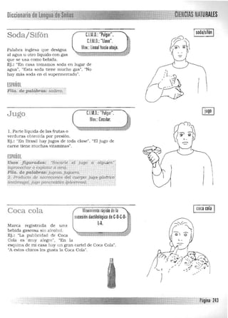 Oiccionarin du:l~nglla ...
m.." "" _
Isoda/sifón ICUto.:"Pulgar"..Soda/Sifón
nM.O,: "Llave",
Mov.: lineal hacia abajo.Palabra inglesa que designa
al agua u otro líquido con gas
que se usa como bebida.
Ej.: "En casa tomamos soda en Jugar de
agua". "Esta soda tiene mucho gas", "No
h ay más soda en el supermercado".
ESPAÑOL
FÍíg.. de palabTéi$?.sO<:lcro. I
C.l.M.O.:"Pulgar".Jugo
Mov.:Circular.
. '¡'''
1. Pa rte liquida de las frutas o 

verduras obtenida por presión. 

EJ.: ·E n Brasil h ay Jugos de toda clase". "El jugo de 

carne tiene m uchas vitarrlinas". 

ESPAÑOL
Usos Jigi.lrd4os: ~Sqcarle ' ~r-jligo aalgú¡?n"l
[apTDL"eChar o e:xplotar .a:otTO). "
FHa. de,palabJ'os:ju(JOM>.jlJguera. '.
2. Producto de secrectones,del cuef]XI: JugQ gástrico
(estó1T1.CWQ), ~il!Ja parn;;reátii::o (pánCTeas), I
Movimiento rápido dela Icocacola I
sucesión dactilológica de e·o·c·o·
Coca cola
L·A,Marca registrada de u na 

bebida gaseosa sin alcohol. 

Ej.: "La publicidad de Coca 

Cola es" m uy alegre· , ·En la 

esquina de m i casa hay un gran cartel de Coca Cola", 

"A estos chicos les gusta la Coca Cola". 

Pagina 243
 