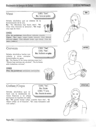 Diccionario ~i!~[i!5!!
ov.: Curvo con quiebre.
CJM.O.: "Curva".Vino
M
Bebida alcohólica que se obtiene de la
fermentación de la uva.
EJ.: "En Mendoza hay buen vino". "No
tomo vino durante la semana". "Me trajo
una caja de vino",
¡SPAÑOL
FIla. ~e pafQb,.as: ¡¡(nk:uftura, v(nicola.vineria. 

;ripos; Vino tintd. negro (rolor oscuro). Vino blanco. 

.(dcrctdo elQJio). Vtno tos'cUto (Color rojo claro). Vtno dq' ( 

'm.;¡sa (común). 

i:"" .
Cerveza C.I.M.O.:"Uave". Icerma I
C.I.M.I,: "Puño".
Mov.: Oscilatorio congolpe.Bebida alcohólica hecha con 

cebada y otros cereales 

fermentados en agua. 

Ej.: "En Santa Fe se toma cerveza muy rica". 

"Ahora hay cerveza sin alcohol". "En la fiesta 

sólo tomamos cerveza". 

ESPAÑOL
nlé&.';dep«tílbTGS:~cero:cenlEié;;rtQ::;
, ..'::>: .< •• ',. '''''' - ~ .'_""'-'." ."'." ". =." .....,.... .. ".'.".":,,.,'."
Icoñac/copa IC.l.M.O,:'lros·,Coñac/ Copa
Mov,: Circular,
C.F.M,D.: 'T' curva,Bebida alcohólica que se
hace con la destilación de MOl.: Rotación de muñeca.
vinos b lancos y se añeja
(envejece) en barriles de roble.
Ej.: "Me gusta tomar coñac cuando hace trio". "El
mejor coñac es el francés", "En casa tomamos café
con coñac",
 