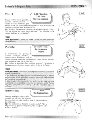 DiN'I nri!:ÍJ ASSUI[IAl~S
C.l.M.D.: "Mano plana".Túnel
C.l.M.I.: "Curva".
Mov.: lineal hacia aluera.Pasaje subterráneo grande,
abierto artificialmente a
traves de una m ontaña, po r
debajo de un río u otro obstáculo para dar paso a una vía de
comunicación por tren, automóvil, etc. 

Ej.: "El túnel transandino comunica a la Argentina con Chile") 

"En los Andes hay muy pocos túneles", "Los túneles en la
ciudad facilitan la circulación" .
ESPAÑOL
T:!siii¡':fid.firddds1 '~SdJ(f dél túitBl" { siil'i1f de {hia't situación.
cJ,e§l}ffrdqa,!?ie), - " .,
C.I.: "l curva" o"Dúo".Puente
Mov.: Curvo opuesto
divergente.
l . Estructura de piedra, 

ladrillo, hormigón, madera, ~wEmiRi .
Á]ü:rn'JrI1o;:m
hierro u otros materiales que se 

construye para atravesar un obstáculo, como un río, un foso, 

una autopista, una vía de tren, etc. 

Ej.: "Sobre la autopista hay muchos puentes", "Argentina y
Uruguay construirán un puente sobre el Río de la Plata".
ESPAÑOL
l{'iI>~ffdU"~,!9~} "Me t(,só aéAÍfent'é;pqraascelld'ú"; ~Tei¡jJi6Jlií:
P'Y~~7 ,itTámi$iét4,i, .. ' ¡ " . . ..... .' : '. "
2'l!(t.,trt91.1<]Ue, ;,;upetrstí't¡ptura elevdda CQ1QCt~c41 ,,~el sefltido
d~J(i¡n.iil1ga, ¡;]or¡de .i;e;.h'i,¡liw el P4estq¡je roan'do !I,,~tcamarOi~
dé!'(;q,pi(áft-P Cantil i'tdailt~, " • . .
3,' Il~á.éred (romÍl"icación f0r, aV'{ltÍ eonqn iugar rerca~B
ci.lcj:rycJ,RI49Qinú11.1ca¿i9I1Por ti~ira ' (J por agua esJeMa),',PuehU
eÓ¡ÍJa'fi/e.'(sbStenidopó~ <;abie.s), ": 11Ient" elevadiio Fwe: /S~
!evanta), '" _. .. . ., /'~:
Autopista CJ:"Angulo".
Mov.:Opuesto oscilatorio.
Camino asfa ltado a veces mas ~~~- :~"- '"
elevado que el nivel del terreno
de dos, cu atro o mas carriles, para el tránsito rápido
d e vehículos.
Ej.: "La autopista a Rosario es muy ancha", "'En la
Argentina hay pocas autopistas", "La autopista a La
Plata es nueva".
Página 2B2
 