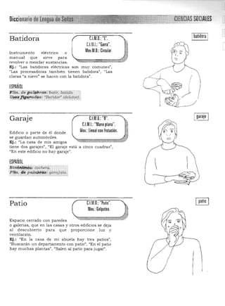 OI'C[:lOnalrlO SOCIALES
Ibatidora IBatidora C.I.M.O.:'T'.
C.l.M.I.:"Garra".
Mov.M.D.: Circular.Instrumento eléctrico o 

manual que SIrve para 

revolver o mezclar sustancias. ' t:l~ 

Ej.: "Las batidoras eléctricas son muy comunes", 

"Las procesadoras también tienen batidora", "Las 

claras «a nieve" se hacen con la batidora". 

I( I
ESPAÑOL  ~~ ¡Plrci.···íf.]!:iil!ibiiiSiiJXiflr;Qiiti,Jb:·····,·'••·
l~ " /
U!if>,#.:Zij¡1lfac1fj$: "Batidor" (de/afor)t,".",_","_",".,"'_;<_"_:_"_"_"_"_"_'_"_",,__._ .> _."-. •••.' _,"" ~ .$ _•• ' ..... .;. .... ,~. ' , , " 0'0
1 _~
C.l.M.D.:"8". 

C.I.M.I.:"Mano plana".

Mov.:lineal con frotación.

Garaje
Edificio o parte de él donde 

se guardan automóviles. 

Ej.: '¡La casa de mis amigos 

tiene dos garajes", "El garaje está a cinco cuadras", 

"En este edificio no hay garaje". 

ESPAÑOL
:.$<tttóniqtOs: cochera. ' .
'Ftia: d~ patab~i~."f')ifs:,a:.
Patio C.l.M.D.: "Puño".
Mov.:Golpeteo.
Espacio cerrado con paredes
o galerías, que en las casas y otros edificios se deja 

al descubierto para que proporcione luz y 

ventilación. 

Ej.: "En la casa de mi abuela hay tres patios", 

"Buscarán un departamento con patio", "En el patio 

hay muchas plantas", "Salen al patio para jugar". 

I
 