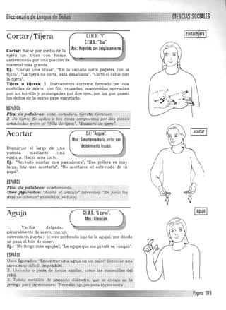 Oi....ILItI U I SOCIALES

Cortar/Tijera C.l.M.D.: "V". Icortar/tijera I
C.F.M.D.: "Dúo".
Cortar: Sacar por medio de la Mov.: Repetido con desplazamiento.
tijera un trozo con forma
determina da por una porción de t- 4
mater ial más grande.
Ej.: "Cor tar u na blusa", "En la escu ela corta papeles con la
tijera", "La tijera no corta, está desafilada", "Cortó el cable con
la tijera".
Tijera o tijeras: l. Ins trumento cortante formado por dos
cuchillas de acero, con ftlo, cruzadas, mantenidas apretadas
por un tornillo y prolongadas por dos ojos, por los que pasan
los dedos de la man o para manejarlo.
ESPAÑOL
Fria. de palabras: corte, cortn:Júra,tijf:c-"t~, .tlje~éar. :
2. De tijera.: Se apJir:a a las cos(:I.$ com.puestas por dos piezas1
articuladas entre ~í.' ~St1Ia de tijf!ra:,.. ~l!;~!;';§(~m q¡;!iieFJ..
I acortar IC.I.:"Angulo".Acortar
Mov
""""-
.: Simultáneo hacia arriba con
detenimiento brusco.Disminu ir el lar go de una
prenda mediante una
costura. Hacer más corto. ~
Ej.: "Necesito acortar mis pantalones", "Esa pollera es muy
larga, hay que acortarla", "No acortaron el sobretodo de tu
papá".
ESPAÑOL
~J.ia.depaliibrcis: acik taHi.Uf/1,to; .
fusos1Jgurados:. •Acorté el.artti;¡t(Zo' (a.breviar), ."EnJunio los
,díq~ s~'acortal}' i(disminüiT, Te~!¡: .'.. . .
Aguja C.I.M.D.: "L curva". 

Mov.: Vibración. . 

l. Varilla delgada, ~Q']'iZ'Dü~[~-~UD'~¡"iZ~~' ,jJgeneralmente de acero, con u n 

extremo en punta y el otro perforado (ojo de la aguja), por dónde 

se pasa el hilo de coser. 

Ej.: "No tengo más agujas", "La aguja que me prestó se rompió". 

ESPAÑOL
Usos ~guf~áos: ·:Eréot:ítrar,u.rúi'agu.iae). l.Ínpálar"llptentár una
ta rea muy dificil, ;,mpoSil>1e).· · '
5L Utensilio o pieZa de 'foima s@ i1ar, como las manecillas d~1
tciój. ' ..,.....,..... '.
3. Tubíto metálito .de p<;gueñQ di,um;tfo,,que se encaja ep lá
jerin!l'l paraiweccio,ne~: ';N~ce*t'í i>guja"s para itly.e~io~e!l::. "
':Página 329
 