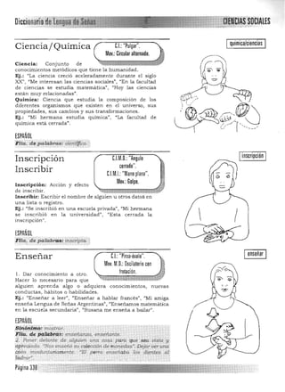 Iquímica/ciencias ICiencia/ Química C.I.: "Pulgar".
Mov.: Circular alternado.
Ciencia: Conj unto de ~¡¡'¡:¡'¡¡¡¡¡=lli¡¡¡¡j¡;;¡¡¡¡¡¡¡¡al~
conocimientos metódicos que tiene la humanidad.
Ej.: "La ciencia creció aceleradamente durante el siglo
XX", "Me interesan las ciencias sociales", "'En la facultad
de ciencias se estudia matemática", l/Hoy las ciencias
están muy relacionadas" .
Química: Ciencia que estudia la composición de los
diferentes organismos que existen en el universo, sus
propiedades, sus cambios y sus transformaciones.
Ej.: "Mi hermana estudia quimica", "La facultad de
química esta cerrada".
ESPAÑOL., ,- ' ':-::'-': :" '_':"" :"'<'~ >""" ,:,:: ""
F Ila. de;palabras,'éientlftco::,
Iinscripción IC.l.M.n.: "Angula
cerrado".
Inscripción
Inscribir C.l.M.I.· "Mano plana".
. " A' - r Moy.: Golpe.
~
, ~InSCrlpClon: CClQn y electo
de inscribir. "" ..g
Inscribir: Escribir el nombre de alguien u otros datos en
una lista o registro.
Ej.: USe inscribió en una escuela privada", "Mi hermana
se inscribió en la universidad", '¡Esta cerrada la
inscripción".  I
ESPAÑOL
:FIla: de patabra:s: i~sCfipta: '~- - 'f::. • ~ ~ •
C.I.:"Pinza-óvalo". IenseRar IEnseñar
Mov. u.:Oscilatorio con
frotación.l. Dar conocimiento a otro.
Hacer lo necesario para que
alguien aprenda algo o adquiera conocimientos, nuevas
conductas, hábitos o habilidades.
Ej.: "Enseñar a leer", "Enseñar a hablar francés", "Mi amiga
enseña Lengua de Señas Argentinas", "Enseñamos matemática
en la escuela secundaria", '¡Susana me enseña a bailar" .
ESPAÑOL.--.::-->-..~. , "'~" : ""':'~'" ' :•.... •>-. " • .. • ~
SJ~oriirpt{J n:·o~tr;r:r. ' 

~l~K~~ pq,Uilir#$:enserlaJtza"enseñan/e.· > 

,4...Poner.delante de _algu.ieh una cosa paTa que se.a vista ¡lo

IiPreciada. '"Nos enseñó su colección de mortédaS";'Dejár ver una 

sp$a involun,t.e¡.riamenie.. ·'4[';/. perro) ense.idba tós éliMtf'S al ' 

{adrar", . 
;,,,.. ,,, '. ,-o' ._- ._ ~ '-.~>-.'-:"':':':(~~" ~"'.'
 