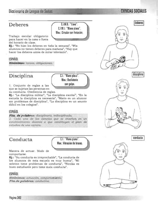 O·I~~lUnílIlU .U~:~ s
C.l.M.D.: "llave".Deberes
C.l.M.I.: "Mano plana". 

Mov.: Circular con frotación.

Trabajo escolar obligatorio
para hacer en la casa o fuera
del horario de clase.
Ej.: "No hizo los deberes en toda la semana", "Mis
alumnos no tienen deberes para mañana", (¡Hay que
hacer los deberes antes de mirar televisión".
IESPAÑOL
Sinórilmos: lareds;obliliiu:ione,s.< ,
Disciplin a C.I.: "Mano plaria".
Mov.: Oscilatorio
con golpe.l. Conjunto de reglas a las
que se sujetan las personas en
su conducta. Obediencia de reglas.
Ej.: "La disciplina militar", "La disciplina escolar", "En la
escuela la disciplina es necesaria", "Mario es un alumno
sin problemas de disciplina", "La disciplina es un asunto 
difícil en los colegios".
ESPAÑOL
El¡(í; :ª~ pliift.t.ita.s: disC¡plirttirio, .int1fsdpUr!ad<li
2 :· Cada un{.¡ de las ciencia.$" que seen.se.ia" en un
establecimiento dDcentéOp que; cimshtuyen ·el plan de
es!.udios W# una ·cqrrc;!r~. ., . .
•


I conducta IC.I.: "Mano plana".Conducta
Mov.: Vibración de brazos.
Manera de actuar. Modo de
comportarse.
Ej.: "Su conducta es irreprochable") "La conducta de
los alumnos de esta escuela es muy buena)') "Mi
sobrino tiene problemas de conductan
, IINicolás es
buen estudiante pero tiene mala conducta)).
ESPAÑOL
SinÓnimos: actuación, q,mporlal)iierít&J
Flla.4e paIl;IbruS.: Có!!.d~:~;" ."'~* "J
 