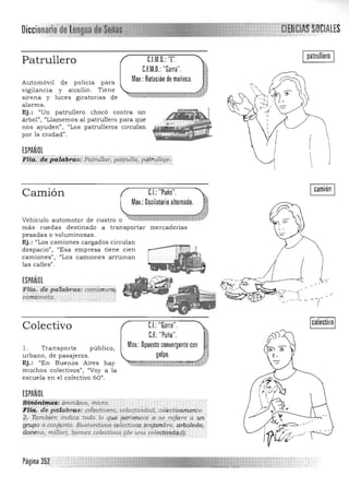 Diccion ......... ...•.•. .
patrulleroC.I.M.O.: 'T'.Patrullero
C.F.M.O.: "Garra".
Mov.: Rotación de muñeca.Automóvil de policía para
vigilancia y auxilio. Tiene
sirena y luces glratorias de
alarma.
Ej.: "Un patrullero chocó contra un
árbol", "Llamemos al patrullero para que
nos ayuden", "Los patrulleros circulan
por la ciudad".
ESPAÑOL
~,,:t~;,;:ª~reg~¡:;;:~liar, p~tlttll'!;~p'iiru.l!.aje:j.
Camión C.I.: "Puño". Icamión I
Mov.:Oscilatorio alternado.
Vehículo automotor de cuatro o ~::;¡;¡;¡;;::H;m::¡:¡;t:W;;:.n.;]¡¡¡;;rL1'f
más ruedas destinado a transportar mercaderías
pesadas o voluminosas.
Ej.: "Los camiones cargados circulan
despacio") "Esa empresa tiene cien
camiones") <lLos camiones arruinan
las calles".
ESPAÑOL
FIta. di. pciíab,.,:",,: camtim ero¡
.camion.eta-
Colectivo
1. Transporte público,
urbano, de pasajeros.
Ej.: "En Buenos Aires hay
muchos colectivos", "Voy a la
escuela en el colectivo 60".
ESPAÑOL
C.I.: "Garra". 
C.F.:"Puño". lji
Mov.: Opuesto convergente con !!
golpe. ~
~EEW¡¡;m~===¡j;3:;' ..¡ .. " Fl
~iñ?:,¡:J~~;. pmrtihus, ...Ticro. . . . . .
Flféi:.de pa.1abr.cts: ciJleqivero, colectivida.,:l,. coledÍDameqte.
2..·También mdica todo .lo qu.eope.rten.ece .o, se refiere a Uq
gn,lpOó,.conj¡,mto. SustanJ.ilJ()s celectiuos (eYrjambre, arboleda;
itocena, mm~rl, q!enes colectivos; {de una colecti¡j}1:¡¡4h : .
Página 3~2:
 