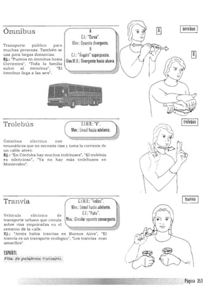Ómnibus
Tra ns p orte publico para
much as pers on as. Tambié n se
usa para largas dis ta ncia s.
Ej.: '/Fuimos en ómnibu s h as ta
Corrientes", "Toda la fa milia
subió a l óm n ibus;' , ¡'El
ómnibus liega a las seis".
A
&.l.:"Curva".
Mov.: Opuestodivergente.
8
eJ,; "Ángulo" superpuesto,
Mov,M,O,: Divergente hacia aluera. "
I ómnibus I
Trolebús C.LM,O.:"V". ",
Itrolebús I
Mov.:Lineal haciaadelante, .~
,Ji .~..*,-:<:..~.j~.j....;;A;;b, ....;j:., .~aIQA .~~ ' '}
Ómnibus eléctrico con
neumáticos que n o neces ita vias y toma la corriente de
un cable aére o.
Ej,: "En Córdoba h ay m u chos trolebuses" , "El trolebus
es silen cioso", ¡¡Ya no hay más trolebus es en
Montevid eo".
tranvíaUM,D.:"Indice",Tranvía
Mov,: Linaal haciaadelante,
CJ:"Puño",Vehículo eléctrico d e
transporte urba no qu e circula Mov.:Circularopuesto CDnVergente.,~
sobre vias empotrada s en el
cem ento de la calle . &.~4,* '>-. '*14 .., ",.:v
Ej,: "Antes h abía tra n vías en Buenos Aires", "E l ..A
tra n vía es u n tra n sporte ecológico", "Los tranvías era n
:'~?f'f/amarillo s" ,
,/ ( '
ESPAÑOL , ,
'~,1, / I
Fli(%; !il~pa,qb';as; i'r~n~tdrio.~ : "
 