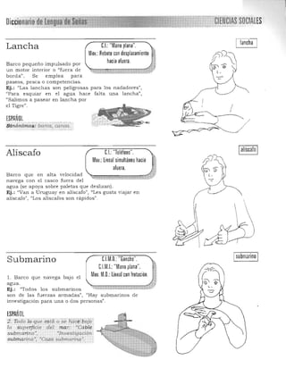 SOCIAUS
I lanchaC.I.:"Mano plana".Lancha
Mov.:Rebote con desplazamiento
hacia afuera.Barco pequeño impulsado por
~~~un motor interior o "fu era de t •
borda". Se emplea para
paseos, pesca o competencias.
Ej.: "Las lanchas son peligrosas para los nadadores",
"Para esquiar en el agua hace falta una lancha",
"Salimos a pasear en lancha por
el Tigre".
/
ESPANOl
Sin6ntmos:-b;;réa:-;:;,,¡;.u;t.;:"':; '.....,....~!. ;--" {.- -{-
Alíscafo
el casco fuera del
CL "Teléfono".
Mov.: lineal simultáneo hacia
afuera.
navega con
agua (se a poya sobre paletas que deslizan) . 

Ej.: "Van a Uruguay en alíscafo", "Les gusta viajar en 

alíscafo", "Los aliscafos son rápidos" .
Isubmarino IC1M.n.: "Gancho".Submarino '1
C1M.I.: "Mano plana". e,
Mov. M.D.: lineal con frotación. ~
!:aarco que n avega bajo el . . . J ,.
Ej.: "Todos los submarinos :::<-,~.,k~" t.-,lf_%. ~$;,,*,~
son de las fuerzas armadas", "Hay submarinos de
investigación para una o dos personas".
ESPAr~OL
2. Todo .lo -que ésta o s;' h¡iE~fbojo'
la superficie del ma.r: ' Cable
su-bTnan no"1 . ot'Investigaaón.
-subtnati;taJl
) ·Caza submarina"".
 