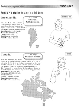 Diccionario de
Países yciudades de Améri cadel Norte
,.,."""__..------------,, ~
Igroenlandia (In!.) IC.l.M.D.: 'T' curva.Groenlandia
C.l.M.I.: "Puño".
Mov.M.D.: Curvo con golpe.
Canadá
Canadá C.l.M.D.:"Pulgar". ,
Mov.: Oscilatorio con !rotación. :~
;- '~-~
País de América del Norte. "..»-$:.-,,&.;f.,,~$J ;, 

Limita al N. con el Océano Glaciar Ártico; al E . con el 

esu'echo de Davis y el Océano Atlántico; a l S. con 

Estados Unidos; al O. con el Océano Pacifico; y al N.O. 

con Alaska, Abarca la mitad norte de Norteamérica. 

Ej.: "Montreal es una ciudad de Canadá en donde se 

habla francés", "En Canadá hay bosques muy grandes". 

Superficie: 9.976.1 37 km'. 

Población: 26.300.000 hab. 

Capital: Ottawa. 

Lengua : inglés y francés. 

Gentilicio: canadiense. 

Moneda: dólar canadiense. 

 