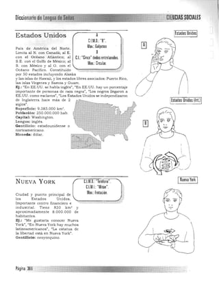 Diccionarioda
IEstados Unidosl
Estados Unidos (lnt.)
INueva York I
Estados Unidos
País de Améríca del Norte.
Limita al N. con Canadá; al E.
con el Océano Atlántico; al
S.E. con el Golfo de México; al
S. con México y al O. con el
Océano Pacífico. Constituido
de Inglaterra hace más de 2 

siglos". 

Superficie: 9.385.000 km' . 

Población : 250.000.000 hab. 

Capital: Washington. 

Lengua: inglés. 

Gentilicio: estadounidense o 

norteamericano. 

Moneda: dólar. 

por 50 estados incluyendo Alaska 

y las islas de Hawaii, y los estados libres asociados: Puerto Rico, 

las islas Vírgenes y Samoa y Guam. 

Ej.: "En EE.UU. se habla inglés", "En EE.UU. hay un porcentaje 

importante de personas de raza negra", "Los negros llegaron a
EE.UU. como esclavos", "Los Estados Unidos se independizaron
C.l.M.O.: "Telélono".NUEVA YORK
C.I.M.I. "Mitón".
Mov.: Frotación.Ciudad y puerto principal de
los Estados Unidos.
Importante centro financiero e
industrial. Tiene 830 km' y
aproximadamente 8.000.000 de
habitan.tes.
Ej.: "Me gustaría conocer Nueva
York", "En Nueva York hay muchos
latinoamericanos" , l/La estatua de
la libertad está en Nueva York".
Gentilicio: neoyorquino.
A 

UM.D.: "B". 

Mov.: Golpeteo
B
C.I.: "Cinco" dedos entrelazados.

Mov.: Circular.

I
Página 3SS
 