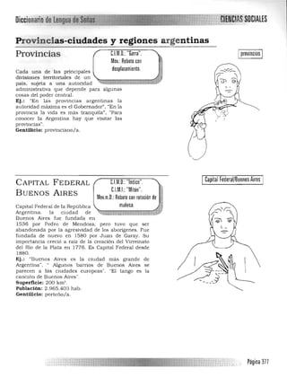 Diccionaiib ~~":f~IENtJAS SOCIALESm ""~
Provincias-ciudades y regiones argentinas.....,_~~<_~ O "' ..,_"'~=_"""'««""'_ __""___ , .. _ ,..,,_....._
C.l.M,O,: "Garra", Iprovincias I
Mov,: Rebote con
desplazamiento,
Provincias
Cada una de las prinCipales
divisiones territoriales de un
país, sujeta a una autoridad
administrativa que depende para algunas
cosas del poder central,
Ej.: "En las provincias argentinas la
autoridad máxima es el Gobernador", "En la
provincia la vida es más tranquila". "Para
conocer la Argentina hay que visitar las
provincias".
Gentilicio: provinciano/a,
I Capital Federal/Buenos AiresC.l.M,O,: "Indice",CAPITAL FEDERAL
CI" MI, ,:
"M'tI on' , ."BUENOS AIRES
Mov.m.O,: Rebot.e.con ro.tación de. '.
muneca, ,Capital Federal de la República
Argentina, la ciudad de if#ttt tm*i:~i¡IP
Buenos Aires fue fundada en
1536 por Pedro de Mendoza. pero tuvo que ser
abandonada por la agresividad de los aborígenes, Fue
fundada de nuevo en 1580 por Juan de Garay, S u
importancia creció a raíz de la creación del Virreinato
del Río de la Plata en 1776, Es Capital Federal desde
1880,
Ej.: "Buenos Aires es la ciudad más grande de
Argentina", " Algunos barrios de Buenos AIres se
parecen a las Ciudades europeas", "El tango es la
canción de Buenos Aires".
Superficie: 200 km' ,
Población: 2 ,965.403 hab,
Gentilicio: porteño/a,
Página 377
 