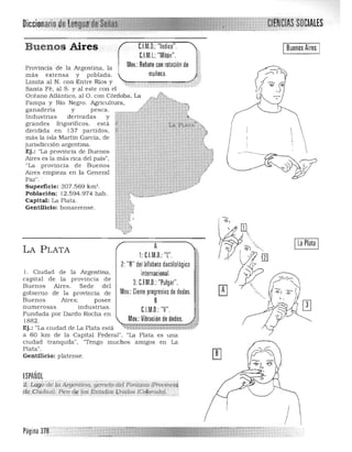 C.l.M.O.: "Indice".
C.l.M.I.: "Mitón".
Mov.:Rebote con rotación de
muñeca.
Agricultura,
A
1: CJM.O.: 'T'.
2: "R" del 'alfabeto dactilológico
internacional. i¡
3 efM o "P 1" i:
d I : · · · · : ugar . ""
Mov.: Cierre progresivo de dedos. ,l','
B
C.l.M.D.: "V".
Mov.: Vibración de dedos.
"<~·Il·I'=·;i;:k~.,1.;;'...:::.;ti~;;¡;·~tr
I Buenos Aires I
,,
ILa Plata I
SOCIALES
Buenos Aires
Provincia de la Argentina. la 

más extensa y poblada. 

Limita al N. con Entre Ríos y 

Santa Fé, al S . y al este con el 

Océano Atlántico. al O. con Córdoba. La 

Pa mpa y Río Negro. 

ganadería y pesca. 

Industrias derivadas y 

grandes frigoríficos. está 

dividida en 137 partidos, 

más la isla Martín García, de 

jurisdicción argentina . 

Ej.: "La provincia de Bu enos 

Aires es la más rica del país". 

"La provin cia d e Buenos 

Aires empieza en la Gen eral 

Paz". .
Superficie: 307.569 km'. 

Población: 12.594.974 hab. 

Capital: La Plata. 

Gentilicio: bonaerense. 

LA PLATA
l . Ciudad de la Argentjna,
capital de la provincia de
A· S dBuenos lres . e e e
gobierno de la provincia de
Buenos Aires; posee
numderosas dindustrias.
Fun ada por Dar o Rocha en
1882.
Ej.: "La ciudad de La Plata está
a 60 km de la Capital Federal", "La Plata es una
ciudad tranquila", "Tengo muchos a migos en La
Plata".
Gentilicio: platense.
ESPAÑOL
2:' !.4go/:telaA!ye,;l.tirVi .geinelodel FQJl(@'g (ProuÚld4
:dkCflUbuU. Pico e/oC (os' Estados tJn.i.dos (Cdlorado].. -,' '~"'."',>' . . '-~;:-- -~ .,-, ..'.. ' .'. ~"." ." . ',---.- .,_...:.:-...'-'...-..........•,... ,,,,....."" " ,,: ,­
I 

 