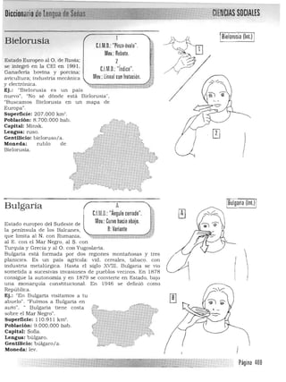 Diccionario. nlENGlAS SOCIAlESde lentllua:olV, ,...... "
Bielorusia
Estado Europeo al 0, de Rusia;
se integró en la CE! en 199 1.
' b ' 'Ga nadena OVIlla y porcIlla; 

avicultura; industria mecánica 

y electrónica, 

Ej.: "Bielorusia es un país 

Bielorusia (ln1.)
, l;~ _
C.l.M,D,:"Pinza,óvalo",
Mov,:Rebote, ' ~;;'--,fl ~~_1D1
l U/, ',',r 1" O "1' d' "L, ,,"1. ,: n Ice, ,
Mov,: lineal con frotación,
';¡;¡¡-::;;Z;;;;¡O,:j,: .;;;:';;:'4*0:'",;:;::>r-;;:¿'y
nuevo", "No sé dónde está Bielorusia", 

"Bu scam os Bielorusia en un mapa de 

Europa", 

Superficie: 207, 000 km', 

Población: 8,700,000 hab, 

Capital: Mlnsk, 

Lengua: ruso, 

Gentilicio: bieloruso/a, 

Moneda: rublo de 

Bielorusia, 

Bulgaria
Estado europeo del Sudeste de
la península de los Balcanes,
que limita al N, con Rumania,
Bulgaria (Inl.)A
C.l.M,D,:"Ángulo cerrado", 

Mov,: Curvo hacia abajo,

B:Variante
"~ ~''''''''''''''=~~-<:f""""",,,."'"""~ '
al E, con el Mar Negro, al S, con
Turquía y Grecia y al 0, con Yugoslavia,
Bulgaria está fonnada por dos regiones montañosas y tres
pla nicies, Es un país agrícola: vid, cereales, tabaco, con
(industria m etalúrgica, Hasta el Siglo XVIll, Bulgaria se vio Iisometida a sucesivas invasion es de pueblos vecinos, En 1878
consigue la au tonomía y en 1879 se convierte en Estado, baJO
una m onarquía constitucionaL 

República, 

Ej,: "En Bulgaria visitamos a tu 

abuelo", "Fuimos a Bulgaria en 

au to", " Bulgaria tiene costa 

sobre el Mar Negro", 

Superficie: 1 10,9 11 km' , 

Población: 9, 000,000 hab, 

Capital: Sofia, 

Lengua: búlgaro, 

Gentilicio: búlgaro/a, 

En 1946 se definió com o
Moneda: lev,
.¡
..,.>....., _.
Página 409t..~.:," _
 