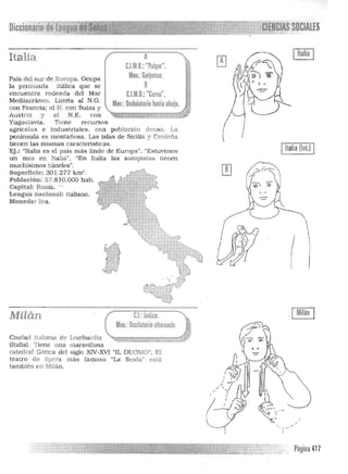 1
~·:;·~
rJ
'.~•.-, p
,
e.l.: Indice.
Mov.: Oscilatorio alternado.
del siglo XIV-XVI "IL O OMO". El
famoso "La Scala" está
OiccionaríQ SOCIALES
Yugoslavia. Tiene recursos
agrícolas e Industriales. con poblaCión densa . La
península es montañosa. Las Islas de Sicllia y Cerdeña
tienen las mismas características.
IItalia(Inl.)IEj.: "[talia es el país más lindo de Europa". "Estuvimos 

un mes en [talla". "En Italla las autopistas tienen 

muchísimos túneles". 

Superllcle: 301.277 km'. 

Población: 57.810.000 h ab. 

Capital: Rorria.' 

Lengua naelonal: italiano.
Moneda: lira.
Milán
Ciudad Italiana de Lombardía
(Italia). Tiene u na ma ravillosa
catedral Gótica
teatro de ópera más
también en Milá n.
Italia
País del sur de Europa. Ocupa
la península Itálica que se
encuentra rodead a del Mar
Mediterráneo. Limita al N.O.
con Francia; al N. con Suiza y
Austria y al N.E. con
A 

C.l.M,D.:"Pulgar". 

Mov,: Golpeteo.

B 

C.l.M.D.:"Curva". 

Mov,: Ondulatorio nacia abajo. 

~fJi¡¡¡a¡¡¡¡w~:¡¡¡;¡:¡il'J~lf:l
Página 417

 