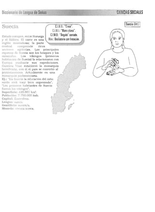 Diccionario de LaRDua~!'~~!!m1m!!m 

ISuecia (In!) ICUto.:"Cinco".Suecia
C.I.M.I.:"Manoplana".
CJ.M.O.: "Ángulo" cerrado.
Moy.: Oscilatorio con frotación.
•
Es,ado europeo, entre Noruega
y el Báltico. El norte es una
región montañosa: la pa rte
cent ral comprende ricos
ser ton>, agrícolas . Las principales
rique:.r.as Lle Suecia son los
(primeros
expediciones.
monarquía
se convirtió al
u na
bosques y los
mincr.dcs Los vikingos
habita te" de Suecia) la relaciona ron con
Eumpa lJ1~dia n t:e sus
Gustavo V.. 'a estableció la
IIt·r~dltan,J . con él el pais
proles[anl¡smn. Actualmente es
monanll ia pdrlamenta ria.
Ej.: "EII :;'u~cia la educación del niño
sordo está TIluy bien organizada".
"Los pnl)lcros ha bita ntes de Suecia
fueron los ·lI~ingo s" .
Superficie: 449.661 km' .
Poblacion: ',. 100.000 hab.
Capital: E~to('oll11o .
Lengua ~ <:<0.
Gentilicio: sUl cn/a.
lofoned.. : ,(~r(,n~ sueca.
 