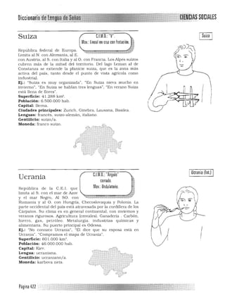 nIENtt~~SnCIALEs
C.LM.O.: "V". fSuiza
Mov.: Lineal en cruz con frotación. J
República federal de Europa.
Limita al N. con Alemania , al E. 

con Austria, al S. con Italia y al O. con Francia. Los Alpes suizos 

cubren más de la mitad del territorio. Del lago Leman al de 

Constanza se extiende la planicie suiza, que es la zona más 

activa del país, tanto desde el punto de vista agricola como 

industrial. 

Ej.: "Suiza es muy organizada", "En Suiza nieva mucho en 

invierno", "En Suiza se hablan tres lenguas", "En verano Suiza 

está llena de flores". 

Superficie: 41 .288 km'. 

Población: 6.500.000 hab. 

Capital: Berna. 

Ciudades principales: Zurich. Ginebra. Lausa na, Basilea. 

Lenguas: francés, sUizo"alemá n, italiano. 

Gentilicio: su Izo/ a. 

Moneda: franco suizo. •. 

.A--:-.~:;
I
, r
f~..;" 
C.l.M.O.: "Angulo"
Ucrania cerrado.
Mov.: Ondulatorio.República de la C.E.!. qu e 

limita al S. con el mar de Azov 

y el mar Negro, Al SO. con ".::r¡::;;;;:¡.¡;;;,,,,,,.,..,,,,,.,.., -;;:=;;::-"7l~ 

Rumania y al O. con Hungría, Checoslovaquia y Polonia. La 

parte occiden tal del país está a travesada por la cordillera de los 

Cárpatos. Su clima es en general con(jnental. con inviernos y 

vera nos rigurosos. Agricultura (cereales). Ganadería. Carbón . 

h ierro. gas, pelróleo. Metalurgia. indu strias químicas y 

alimentaria. Su puerto principal es Odessa. 

Ej.: "No conozco Ucrania", "Él dice que su esposa está en 

Ucrania", "Compramos el ma pa de Ucra nia". 

Superficie: 601.000 km'. 

Población: 46.000.000 hab. 

Capital: Kiev. 

Lengua: ucraniana. 

Gentilicio: ucraniano/a. 

Moneda: karbova nets. 

..P'''''
4. ':pI.?'
.,
IUcrania (ln1.) I
Página 42Z
 