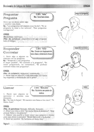 DiccionariodeLengua de
,-""""----....Señas LENGUA
... -
C.l.M.D.: "Indice".
Mov.: Curvo hacia aluera.
preguntar/pregunta
Preguntar
Pregunta
Decir que se desea saber algo
o resolver Una duda . 

Ej.: "Las preguntas del examen eran facHes", «No se 

p regunta la edad a las señoras", ¡'Hizo preguntas 

inteligen tes". 

ESPAÑOL ,.
S inonimos: interrogaF.. . '
FHa.' de pa labras: preguniór¡/a "(el r;;nÍi! preguntá..... ~,' . ,
todo el -tiemp,0j_ ';;< • ,'J. *, 
"
".' -t
responder/contestarC.l.M.D.: "Indice".Responder
Mov.: Circular con desplazamiento
Contestar hacia afuera ydetenimiento brusco.
1. Decir algo a alguien en
relación con su pregunta.
Ej.: "Respondí a las pregunta s
lo mejor posible", "No contestó a la pregunta", "Es
inútil preguntarle, no con testará", "El profesor
contestó todas mis preguntas').
ESPAÑOL
FHa . de pa lab~: rf!.splfes ta, cont'éstad6n.
2. Hacer algo en reladón a unac dem.c¡nda:' "i a nueva
ley responde a nec,isidades de' ja genté' . "
C.l.M.D.:"Manoplana".

Mov.: Oscilatorio con quiebre de

muñeca.

Llamar
l. Hace r que alguien se
aprOXIme o atienda una
demand a .
Ej.: uSu hija lo llama", "El maestro nos llama a los cinco", "Te
llama Juan" , •
ESPAÑOL
FHa.. de palabras: llamado, lldmada, llamador.. 

2 , Atraer' una cosa a 6trd: "La no.che llcinta ál descanso...., <lEste 

p aisaje llama a lo.s p intores», 

3. Golpear una puerta o hClG,er s07;wr una cl,lmpana o timbr~
para que abran o atiendan: "Están llilmándo o. la p"uertQ,~. •
4, Tener un. nom,bre~" (~Su hermana se llama In.éyl.l. '"
,Página 8
 