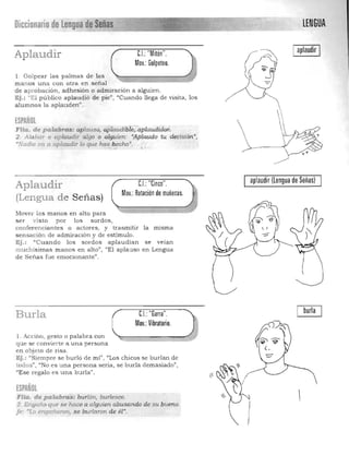 Diccionario de lengua deSeñas LENGUA
I aplaudir IAplaudir / C.I.:"Mitón".
Mov.:Golpeteo.I
1. Golpear las palmas de las '. -l
man os una con otra en señal
de a proba ción , adhesión o admiración a alguien.
Ej,: "El público aplaudió de pie", "Cuando llega de visita, los
alumnos la aplauden" .
[SPAÑOL
FIja. de palabras: aptc¡uso, f1[Ílaudíbt¡;;:c¡plaudido;;
2. Alabar o aplaudir algo o alguien: 'Aplaudo tu decisión',
"Nadie fla a aplaudir lo que has becho','. u"- .1 ~, <
aplaudir (lengua de Señas)
Aplaudir eL "Cinco".
Mov.:Rotación de muñecas.
(Lengua de Señas)
Mover la s manos en alto para
se r visto por los sordos,
con ferenciantes o actores, y trasmitir la misma
sensación d e admiración y de estímulo.
Ej.: "Cuando los sordos aplaudían se veian
m uchisimas m anos en alto", "El aplauso en Lengua
de Señas fu e emocionan te",
I burlaC.I.: "Garra".Burla
Mov.: Vibratorio.
l. Acci6n, gesto o palabra con 

que se convierte a una persona 

en objeto de risa. 

Ej,: "Siempre se burló de mi" , "Los chicos se burlan de 

todos", "No es u na persona seria, se burla dem asiado") 

"Ese regalo es una burla". 
 (
ESPAÑOL
Flf.a. de parabras: burlón, burlesco.
2. Engaño que se hace a alguien abusando de su buena
fe: 'Lo engaríaron, se burlaron de él».
f
1".
 