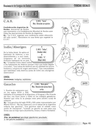 que representa a la Confederación Mundial de Sordos ante
todas las Asociaciones de Sordos de Argentina,
iul·ElNITlASSOelAlES 

C.A.S.
Confederación Argentina de
Sordos. Asociación de Sordos
Ej.: "La C. A.S . organizó una conferencia sobre educación
del niño sordo'J) l/Estuvimos en una fiesta que organizó la
C,A,S ,",
( )
gaucho
Gaucho CJM,D,; "Mano plana",
Mov,; Rota¡ión de muñeca ha¡ia
arriba,1. Nombre de campesino que, 

en los siglos xvm y XIX, "·ry'4i¡'..ll.r;~¡'1· ··TZ¡;¡¡¡¡¡;¡::¡¡:=:"#
· ,,,,~':n
habitaba e n la pampa de la Argentina, el Uruguay y Río Grande
del Sur; era bue n jine te y hábil en los trabajos ganaderos.
Hombre que vivía en la pampa como peón (obrero rural) de
estancia.
Ej.: "Los gauch os del siglo XVIII y XIX están representados por
Martin Fie rro", /lEn las estancias y e n el campo de la Argentina
todavía hay gau c h os", "Los gau ch os usan el caballo como
m ed io de transporte", "Cuando un gaucho se viste para una
fiesta u sa un traje típico (bombacha, botas y ch aleco bordado)".
ESPAÑOL
FHa. de palab~;'¡,(1W.;Jw:j", gqucnesc(J,gauGhqi1q,
2. Ser gaucho (soud:a,fj.of, . . ..
Indio / Aborígen A
C.l.M.O,;"índice",
(Hombre indio)De la India (Asia), Se aplica al
habitante de América, a su s B
descendientes y a sus cosas.
C.l.M,O,; "V",
Originario de un territorio. 

Primitivo habitante de un pais. (Mujer india)

Ej.: «Cristóba l CA1ón llamó indios:"-¡;¡;;¡
.;;¡,.~,,;¡¡.::,,::::,.,.¡;.;;.;;:¡¡¡;;;:;;:¡;;;;::;¡;:~
a los habita ntes de América porque creyó que había llegado
a la India", "Los indios de América son en realidad los únicos
hombres y mujeres de origen americano", "Las comunidades
que habitaban toda América antes de Colón son aborígenes
americanos",
ESPAÑOL

Sinónimti:s.: zndígéh.ii,aúiÓctoJr.q.,
.. ,', ........., '-'.;.'.:-;;.',' .. ., ....., ...• _­
~ágina 445

indio/ahorigen
(
 