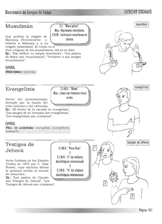 D"CClOnlan
Musulmán
Qu e profesa la religión de
Mahoma. Perteneciente o
relativo a Mahoma o a s u
religión (islamismo). El Coran es el
libro religioso d e los musulmanes. Ala es su dios.
Ej.: "Ese edificio es templo musulma n", "Los padres
de Mario son musulmanes", "Invitaron a sus amigos
e.l.:"Mano plana". ,
Mov.: Oscilatorio simultáneo. .~
e.N.M.: Inclinación simultánea de ..~
cabeza. J)
. ~
musulmanes» .
ESPAÑOL
~(@r!tói8s: lSiamiii:t
Evangelista
Sector del protestantismo
form ado por la fusión de l
culto luterano y del calvinista.
C.l.M.O.:"Mitón".
Mov.: lineal con frotación hacia b
~~~~rib~ar~a.~~
Ej.: "El dueño de la escuela es evangelista",
"Los amigos de mi hermano son evangelistas",
"Los evangelistas son cristianos".
ESPAÑOL
Flici. de}utiabdis:'~va.rtgé¡0p,
~.lJ¡'m.ge~q, · . ;,,;..
Testigos de
Jehová
Secta fundada en los Estados
Unidos en 1874 por C. Taze
Russel, cuya doctrina alirma
la próxima venida al mundo
de Jesuc ris to.
Ej.: "Los padres de Claudia
son Testigos de Jehová", "Los
évaítgetiSmó;
. : . . . .
e.l.M.O.: "Pinza Pico".
2
C.I.M.O. 'r del alfabeto
dactilológico internacional.
3
C.l.M.O.: "H"del alfabeto
dactilológico internacional.
.~.
Testigos de Jehová son cristianos".
AS'SOCIALES

Imusulmán I 

Ievangelista I
I 

Itestigos de JehováI
Página 451
 