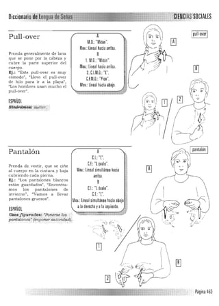 Diccionario ' 

Pull-over
Prenda generalmente de la na
que se pone por la cabeza y
cubre la parte superior del
cuerpo,
Ej.: "Es te puU-over es muy
cómodo", (jUevo el pull-over
de hilo para ir a la playa",
{(Los hombres usan mucho el
pull-over",
ESPAÑOL
,Sttióii'i6ios; stl,éter,
Ipull·overlA 

M~,: "Mitón", 

Mov,:Lineal hacia arriba, 

B 

L M.O,:"Mitón", 

Mov,:Lineal hacia arriba.

2, CJM,D. "[', 

CJM.D.:"Pico", 

Mov.: Lineal hacia abHjo. 

Pantalón
Prenda de vestir, que se cine
al cuerpo en la cintura y baja
cubriendo cada pierna.
Ej.: "Los pantalones blancos
están guardados") "Encontra­
mos los pantalones de
invierno", ¡¡Vamos a llevar
pantalones gruesos".
ESPAÑOL
U$osJiguradós: "Pbnersé TQS
pantalones "limponer autoridad,:.
A 

C.I.: "l.". 

cr.: "L óvalo".

Mov.: Lineal simultaneo hacia

arriba.

B 

C.I.: "L óvalo". 

CIT. 

Mov.: Lineal simultaneo hacia abajo
"
¡
:
ala derecha yala izquierda.
Página 463
 