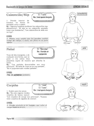 DicciomMilde(e'ngua'"". . .. ,..~,~, ,", ........,'L..w"""
calzoncillo/slip
Calzoncillo/ Slip CJ:"l curva".
Mov.:lineal opuesto divergente.
1. Prenda interior de
hombre, en forma de
pantalón corto O calzón.
Ej,: "Algunos hombres prefieren los calzoncillos tipo
pantaloncito", "El slip es un calzoncillo ajustado
como una bombacha", "Los calzoncillos de seda son
un lujo",
ESPAÑOL
2"Frenda muy' ampl{á~ qu¡t.·íos':ÍJaucij2>s ·üscib,lit
'debajo del chiripá, a veces, con flecos'1m su parte
iÍ!-feri,or" . , "
CL "Mano plana".
Mov.: Alternado con
superposición.
que absorba la
Pañal
Trozo de tela triangular, o de
cualquier otra forma, que se
pone a los niños muy
pequeños sujeto de manera
oflna.
Ej.: "Los pañales descartables son muy
prácticos", "El bebé de Juan ya no usa pañales",
"En el supermercado venden pañales",
ESPAÑOL

ni... de p:iil/il#'Ci$'jjaiíal,,'ra, 
. .' ~'~"'" -;.:.. -.
corpiñoCI..:"l 'Corpiño ova1"o.
C.F.: "l curva". ;:i
Mov.:lineal opuesto divergente, ~1. Sostén para los senos, .
Ej.: "En este negocio venden "';;;;¡;¡;TN¡::;;;¡¡¡¡::;;:;¡rrmm¡;r~.}
corpiños de buena marca") ,. ~'~~. <. .'J>'9
"Los corpiños de encaje son preciosos", l/Susana
tiene corpiños de algodón de colores':,
ESPAÑOL
2.• Prencia-,,.ajUstada, fj(§¡iI'mp,nflas, que' ciibre ",t
cuerpo'hD.$!fL.la cmtt¡,ra"" '''~'''',...:'' " .., ,.
Página 468
 