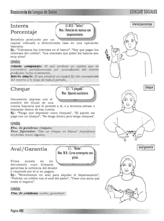 I interés/porcentaje I
Interés C.l.M.D.: "Indice".
Mov.: Rotación de muñeca con
Porcentaje desplazamiento.
Beneficio producido por un
ca pital coloca do a determinada tasa en una operación
bancaria.
Ej.: "Cobrrunos los intereses en el banco", "Hay que pagar los
intereses del crédito", ((Los intereses que piden los bancos son
muy altos".
ESPAÑOL
ii:fi'g~~ ~ F¡¡i1f.Pi'#~#t;9:Er qu:~ .¡'ro4wl.e .Uti t capita! ·que s~
~rl6rem<i ta'penódica1l1eT1te po~ .acumt{~ació7l: del interé~
proli.'ucido hasta ~! .!)lQl7lento.

-tntAres $;Iffipi..; El que prpduce un Capfta¡ fijo (sin. acumulaciÓ.!1;

~el irúeres) !l ID/t:¡tgo ck todq,.~1pe.rl9-ª(J. ... '., ' . -.;.;:"- "'<';',':'·-:-:-:':':':'; :;::;'::':v;"-·'·-";-·'-">:·--~:-:':':-:-:~:':"'":-:''''''''::''':''';'''''.' ';'''-;-: . :--::---:,:-:-:-:.:.:.:.:~;.'" 0-';
CL "l plegada".
Mov.: Opuesto oscilatorio.
Cheque
Documento impreso con el
nombr e del titular de una
cuenta bancaria que le permite a él, o a terceros extraer o
depositar dinero de esa cu enta.
Ej.: "Tengo que depositar cinco cheques", "El patrón me
pagó con un cheque", "No tengo dinero pero tengo cheques".
ESPAÑOL
x ·-·,_··-····· ,',.-....", -~'''':,;.,.:/.:;-/:.:-:.:..--.-.,.,....--, .. ."",' ."' ,·''''·:r
";tlta..'lIii ¡i4.lál1¡:czsidlúiijmi;ií':"':""" , ,'Usos MumdDs,· "Dar W~ cheque erl.,¡,taryco' {manifestar!,
, ~
con.fianza hacia aJguien).
"" ""-,
aval/garantía
Aval/ Garantía CI.: "Mitón".
Mov.M.O.: Curvo convergente con
golpe.
Firma puesta en un ,. 

documento cuyo firmante 

garantiza la solvencia del deudor 

y responde por él si no pagara. 

Ej.: "Necesitamos un ava l para alquilar el departamento", 

"Pedirán un crédito con el aval del padre", "Tiene una socia que 

avala el negocio".
ESPAÑOL
·nf4'L4t.pa~1:í~; ai!á./ár;.9á1$üz(ii;'1
 