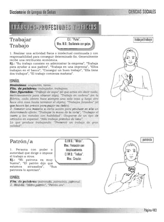 • •
Trabajar
Trabajo
,
C.I.: "Puño".
Mov. M.O.: Oscilatorio con golpe.
trabajar/trabajo
l. Realizar una actividad fisica o intelectual continuada y con
responsabilidad para conseguir determinado fin. Generalmente
recibe una retribución económica.
Ej.: "Su trabajo consiste en administrar la empresa", "Trabaja
para ayudar a sus padresn
, ¡'Trabaja en una imprenta", "Ellos
trabajan en el banco", "Conseguí un buen trabajo" , "Ella tiene
dos trabajos", "El trabajo comienza mañana".
ESPAÑOL

¡~ft¡~t¡:¡W:¡;FOéupaCiórí; iarea:'············ ,.,~,,-, 

~lt9:, .(¡~;il4tiilif::4t.: trabaja(1or, ttuJiajoso. ,
P'.$#~If9#,~,ª~~;:';rra,'hajóde zapa'l el que actúa sin'decir JUlda,¡
ij-ti'IUcipSá(1lente pa.ru obtener algo), ~Tmbajo én .cadena" (en la)
'fábrica, cada obrero ha~ $iemp~e..una sola éo~a 11 luego otro"
hace otra ~sa hasta terrMnát: el ol¡Jelo), "Trab,yos iPt'?Qd'Os" fe~.
quehacenJos presos parapágar.$u .deliliJ}. -. . . ,.
.2: Somete.r tata materia a cierta 'aoción para p roducir en :eRa un'
determinado efecto: '''Trakajar ta mása ~ la tartd", 'Trabajar el
.cuero. y'dos metales con·habilidad",' ()Cl,lparse: de ·'Un tipo .de
attícl.l.los en especla.t .'S610 trabaja prei;rdM de lana¡..
Lo que :produce trabajando: ~Pre$¡mtó un ' trabajo de grall
92lidadP
- .... ~. {.i ,.•
Patrón/a C.I.M.D.: "Mitón".
Mov.: Frotación con
l. Persona con poder o desplazamiento.
autoridad que dirige o impone CFMO "l' d' "· .. ..: n Ice .
e1 trabaJo a otros. 

Ej.: "Mi patrona es muy Mov.: Circular.

buena", "El patrón dijo
estamos atrasados",
que -"'''',Z$'&'i!'ll'l¡¡'¡¡¡¡¡¡;¡¡im!l!l!l'l1J!'ilm;¡:;"",;¡ill
"Sus
patrones lo aprecian".
ESPAÑOL
rii4:' depalat;,riii:piitrQruqb, p;iii'éiCiiiw, ¡;ij,ffrihaL
~. M~4idl!; ·M'~tr.oj:¡~ón·, "Patrón oto'. •.
Ipatrón/a I
f¡<,
;¡
ti
 