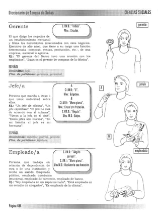 I gerente IC.I.M.O.: "Indice".Gerente
Mov.: Circular.
El que dirige los negocios de
un establecimiento mercantil 

y firma los documentos relacionados con esos negoclOs. 

Ejecutivo de alto nivel, que tiene a su cargo una función
determinada -compras, ventas, producción, etc.-, de una
empresa, sucursal o agencía.
Ej .: "El gerente del Banco tuvo una reunión con los
empleados", "Juan es el gerente de compras de la fábrica". r( )
h
J efe/a
Persona que manda a otras o
que tien e autoridad sobre
ellas.
Ej.: "Un jefe de oficina", "Un
jefe espiritual", "El jefe no está
de acuerdo con el informe",
"Vimos a la jefa en el cine",
"Estos jefes son nuevos", "En
mi famili a e l jefe es mi
hermana".
ESPAÑOL
A 

UM.O.: "V". 

Mov.: Golpeteo. 

B 

UM.O.: "Mano plana". 

Mov.: lineal con frotación. .,
CJM.O.: "Ángulo".
Mov. M.O.: Golpe.
:súioni,ru;~~ iUpéii~~.pátr6". gerente,;
,Fita. de pa,1a¡,ra.s: jefm:uro.o .
.~
UM.O.: "AnguloEmpleado/a
cerrado".
C.l.M.I.: "Mano plana"Persona que trabaja en
relación de dependencia de Mov.M.O.: Oscilatorio con frotación.
otra o de una institución y
recibe un sueldo. Empleado
público, empleada doméstica
(mucama), empleado de comercio, empleado de banco.
Ej.: "Soy empleada en un supermercado", "Está empleada en
un estudio de abogados", "Es empleado de la clínica".
Páginal84
¡elela
 