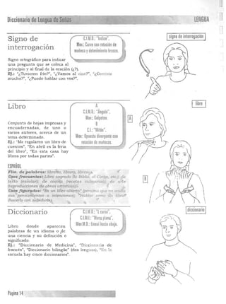 Diccionario de LeniiUáim, LENGUA
Isigno de interrogaciónIC.l.M.D.: "Indice".Signo de
Mov.:Curvo con rotación de
interrogación muñeca ydetenimiento brusco.
Signo ortográfico para indicar
una pregunta que se coloca al
principio y al final de la oracion (¿?).
Ej .: «¿Tuvieron frío?", "¿Vamos al cine?)', «¿Comiste
mucho?", "¿Puedo hablar con vos?",
ALibro
C.l.M.D •"Ángulo".
Mov.:Golpeteo.
Conjunt o de hojas impresas y D
encuad ernadas, de uno o
eL "Mitón".varios autores, acerca de un
terna determinado. Mov.: Opuesto divergente con
Ej. : "Me regalaron un libro de rotación de muñecas.
cuentos", "En abril es la feria
del libro", <lEn esta casa hay
libros por todas partes".
ESPAÑOL
FIla.. d4 palabnis, Ubreffu, lib;'ér~, /ibrescp. - ( '
U~s frefJ'!-U!"Ú¡s~,;Líbro s.agradCJ {to. Biblia. el Co,ó". etc.¡:f!€
textCJ (esro/"r); de cociilp. ('eCi;tas culiJ:tarias); ~ de arte
(reproducciones ele obras artísticas):. ( ' ,
Uso..;; figura.dos: "ES U71 /i5ro abimo" (perSfina que 110 orulla
SUS '"pensa:itien!os o mtenciones); "Habla" como ah. libro'f
(hacerIr;> can Sabidw'ia)... ".... ~
C.I.M D.:"l curva".Diccionario
C.l.M.I.: "Mano plana".
Mov.M.D.: lineal hacia abajo.Libro donde apare cen
palabras de un idioma o .de
una ciencia y su definición o
significado.
Ej.: "Diccionario de Med icina", "Diccionario de
francés", "Diccionario bilingüe" (dos len guas), "En la
escuela hay cinco diccionarios".
[!J /
/
I/~
Página14

 