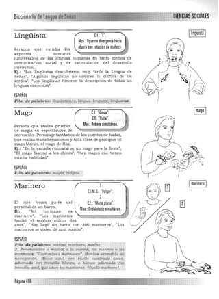 Imarinero I
Ilingüista ICJ:T.Lingüista
Mov.:Opuesto divergente hacia
afuera con rotación de muñeca.Persona que estudia los / ¡J
aspectos comunes
(universales) de las lenguas humanas en tanto medios de
comunicación ' social y de estimulación del desarrollo
intelectual.
Ej.: "Los lingüistas descubrieron muy tarde la Lengua de
Señas"1 "Algunos lingüistas no conocen la cultura de los
sordos"I "Los lingüistas hicieron la descripción de todas las
lenguas conocidas".
ESPAÑOL
Flia. de palab,v: lÍ1lgÍi1sti~(tiengu"a,f.e;"guÍl}e; IeTlguárai;:. . ... _ _. _ _ '..... __ ........ _ .. ,..'>.... . _.,... ........·',·.• :M ..'-·.,.··· ..·.. ~· ",. ;: ...... 

Mago C.I.: "Cinco".
C.F.:"Puño".
Mov.: Rebote simultáneo.Persona que realiza pruebas 

de magia en espectáculos de 

recreación. Personaje fantástico de los cuentos de hadas, 

que realiza transformaciones y toda clase de prodigios (el 

mago Merlín, el mago de Hoz). 

Ej.: "En la escuela contrataron un mago para la fiesta", 

"El mago fascinó a los chicos"I "Hay magos que tienen 

mucha habilidad". 

ESPAÑOL

Flm. dc'palabrastiniigicl; 'fifí1fficd. ' 
. _ -~ ,,~ ' r. .
Marinero
CJM.O.:"Pulgar".
2
El que forma parte del C.I.:"Mano plana".
personal de un barco.
Mov.: Ondulatorio simultáneo.Ej.: "Mi hermano es
marinero"1 "Los marineros
hadan el servicio militar dos
años", "Hoy llegó un barco con 300 marineros'), "Los
marin eros se visten de azul marino".
ESPAÑOL
..rita..,fe p o;lÍÍbra.s: inarina. marinera, 'marino,
2, perteneciente o relatillo a la. marina, los marinos o los
'marineros: 'Costumbres tittel'rinirrasP
, Hombre; entendido ea
navegacióJ1. Blusa. CjZlll, eón i:uell~ cuadrado' atr.ás;
adornada con trencina blanca, o blanca adornada con,
trencilla amI, que usan los marineros, ·Cuellor¡to/Ínt;'o·. '"
Página 49'8 ,.
 