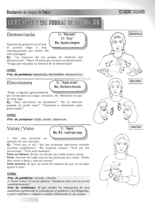 Diccionariode.L1!1!9l1lqfi,_.,,'¡'¡¡¡;;¡;
Democracia C.I.: "Pinza·óvalo".
CE: "Cinco". Ú
Sistema de go biemo en el que
el pueblo elige a sus
representantes por medio del
voto (sufragio) .
',<:i:;,.~
Mov.: Opuesto divergente. iid
'h" ,,,,,#$1
SOCIAlES
Idemocracia I
Ej.: "La mayoría de los países de América son
democracias", "Hace 14 años que vivimos en democracia",
"Tengo que estudiar la historia de la democracia" .
ESPAÑOL
Fila. de paIClbTtt~riiifi?i!99iAífi,;.défrtiiifr;a:¡¡co, a,.ehrétsfatizar.·
Elecciones C.I.:"Angulo cerrado".
Mov.: Oscilatorio alternado.
Elegir a alguien (generalmente "" ,*~,,,,,:';i::>1,¿;)
por votos) para un cargo, comisión, etc. Momento en que
se vota algo.
Ej.: "Hay elecciones en diciembre", '(En la elección
pasada no pude votar", "Llamarán a elecciones para
gobe m ador".
ESPAÑOL
Flia. de patcibr-a.M 'erWJIi, :él~t!t~r, f'ÍeCíordc1o,
Ielecciones I
votar/voto
Votar/Voto Angulo".
.: Lineal hacia abajo.
CL "
Mov. M.O
1. Dar una persona su 

opinión en una elección . 

Ej .: "Votó por el no", "En las próximas elecciones votarán 

muchos ciudadanos", "No votamos nunca", <'Vote por los 

peronistas", "Votó esta mañana", 

Voto en blanco: El que no decide por nadie (sobre vacío). 

Voto: Opinión de cada una de las personas que votan. "Hubo 

diez votos a favor y dos en contra", 

Voto secreto: El que se emite d e m anera tal que no se sabe 

quién lo hizo. 

)ESPAÑOL
Flia. de palabras: ¡¡ó/arite, votacióri.
2:Hacer votos: Formular deseos. «Haceino's votos porsú pronto 

restablecimiento". ' , 

Voto de confianza: El que em.iten los integrantes de unét 

asamblea aprobando /O actuado porel gobierna o /os dirigli'ntes, 

o para autqrizar a a.lg¡1.ién a actuar libremente en un'asunto.
;~,," "tJ~
'I'-,>.~..->.J.t
 
