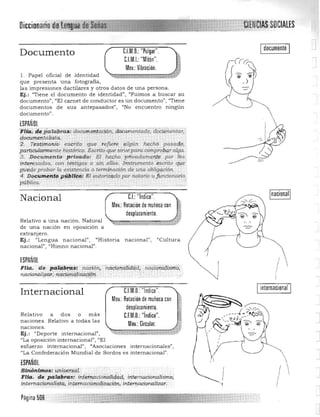 UM.O.:"Pulgar".Documento
C.l.M.I.: "Mitón".
Mov.:Vibración.
1. Papel oficial de identidad ....... 

que presenta una fotografía, 

las impresiones dactilares y otros datos de una persona. 

Ej.: "Tiene el documento de identidad", "Fuimos a buscar su 

documento", ((El carnet de conductor es un documento", "Tiene 

documentos de sus antepasados". "No encuentro ningún 

documento" . 

ESPAÑOL
"tita;.ti~. palal>ras; documentación. i1.o1:t1mentadó:'·~~¡entar, 

.docUnumtalista, :- - . 

'ji,' Testimonio escrito que tejiere 'algún hecho pasadp, 

particularmente históriC(>oEscrito que sirVe para cOmproogralgo, 

3. D"cllm~nto pl"ÜJ4do: El hec;ho,'privadamer¡.fe por los
iht~resados, con teStigos· o ~ flUOS. brstrumento -~scrito qtie
1?u~qe probar la existencia o term!.71ación de una obligqción. ..
4.. Dop'f~lító . p,AAI~: El auto.rizgdopor notar.w tl fi.mcio/lfll;Ío.
púpli,!(l" -- - ..~_.' . . ' , ._. _ " ..... ,.... ~
C.I.:"Indice".Nacional
MOl.:Rotación de muñeca con
desplazamiento.
Relativo a una nación. Natural
de una nación en oposición a
extranjero.
Ej .: "Lengua nacional", "Historia nacional", "Cultura
nacional". "Himno nacional".
ESPAÑOL
FUa.. de paiabriti;: Ila.é!ón,'1ta(;ioi'Íal{dJid•. naCioiiCiUi tft'ó, '
nacionCllp,a;;iiq'éj(i';¡ijj;iaéi6Q- . '." , '.. ..
CJM.O.: "Indice"Internacional
MOl.: Rotación demuñeca con
desplazamiento.
Relativo a dos O más C.F.M.O.: "índice".
naciones. Relativo a todas las
MOl.:Circular.naciones. 

Ej.: "Deporte internacional", 

"La oposición internacional"J "El 

esfuerzo internacional", "Asociaciones internacionales", 

"La Confederación Mundial de Sordos es internacional". 

ESPAÑOL
SÚí6nimos: uni~et~ál. '.'.., .....' .. . .' .
Flia.. de pci.lra,ra.s: inNh;Ú1cil>'ntiligaa, iry;tem peionalismo;
intemacionalí.!,tP. in{emacio.¡¡.aliz(ud.ó¡¡., .inten¡.acionalizar:-.
SOCIALES
Idocumento I
=
Inacionall
I
(
Iinternacional I
,
V-­
I
'1
Página 506
I
 