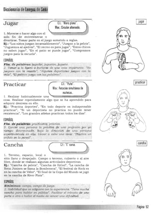 Diccionario

eJ.: "Mano plana".Jugar
~ov.: Circul:ternado~u:dJ1. Moverse o hacer algo con el
solo fin de entretenerse o
divertirse. Tomar parte en el juego sometido a reglas.
Ej.: "Los niños juegan incansablemente", "Juega n a la pelota",
"Juguemos al ajedrez", (fEl recreo es para jugar", "Estos chicos
no saben jugar", "En el patio se puede jugar', "Compramos
juegos para la escuela".
ESPAÑOL
FUa. depalabras:'JugadSP. juguetón, júgi:;e"tf}. . . .
2. r()ma~ca. la liger<F o.'bu.riarse de '¡Ul.(¡ cOsa IJtipÓrtarlte; "No.
jr1egues con' la mu.e.cte", '"Algunos :deportislas juef)an COn l(l
Víi:Ui", fJ$lpolitiéoju.(l.gq con:lq",palnQtas"•., ', ~ ... . , .;,'-'-;' "" ",--'
CJ: "Puño".Practicar
Mov.: Rotación simultánea de
muñecas..
l . Realizar habitualmente una '",,'1I ,.•,¡¡.,,!!,,;;m!]l;i1=""""";;:'::::;;;;;:~.1l1 ..;;m,.1l1
cosa. Realizar repetidamente algo que se ha aprendido para
adquirir destreza en ello.
Ej.: "Practica deportes", "En todo deporte es indispensable
practicar", "Si un deportista no practica no puede tener
resistencia" , "Los grandes atletas practican todos los días".
ESPAÑOL
~1.(á. ªe;P4t?1,f¡ji¡¡¡;:p;~·~tiCá:hi#, pra:Ctica. ,
2 . Ej~~ unapers~rúi la p':iiÚtic;dge :u.rÚi profesión por ,71i
ti.~T¡ip~ a.eteTJ]'inadoi "/jajo la di,<eccitih dE; una... pérs0/1a
¡pcpeii:mef"tadg en el!q, :L1~var a cábduna b9~1;¡; -Rt#ica'un
prlficio é;r¡ la'pg.~'fd·. .
Cancha rC.!.: T curva,
'~J.llJnm.!ELi }'~
l. Terreno, espacio, local o
sitio llano y despejado, Campo o terreno, cubierto o al aire
libre, donde se realizan algunas actividades deportivas,
Ej.: "Cancha de pelota", "Cancha de futbol", "La cancha de
Boca Juniors se llama la Bombonera", "El festival de Rock es
en la cancha de Vélez" , "El final de la Copa del Mundo sejugó
en la cancha de River Plate",
ESPAÑOL
Sln071lmo$:: campo, campo dejdego:, "
2. Habilidad que se ade¡u.iere con fa experiencia; "Tiene mucha'
canc{u¡ para hablar en público~, Facilitar el tránsito rde tina'
parte a otra. o hallar eJ medió de vencer WlQ d~ciltd¡:f .
Ipracticar I
Página 52
 