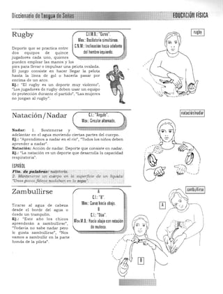 Diccionario
C.l.M,O,:"Curva",Rugby
Mov,: Oscilatorio simultáneo,
C,N,M,:Inclinación hacia adelanteDe porte que se practica entre
dos equIpos de qUInce del hombro izquierdo, ,.jugadores cada uno, quienes
pueden emplear la s manos y los
pies para llevar o impulsar una pelota ovalada.
El juego con siste en hacer llegar la pelota
has ta la línea de gol o hacerla pasar por
encima d e un arco.
Ej,: "El rugby es un deporte muy violento",
"Los jugadores de rugby deben usar un equipo
de protección durante el partido", "Las mujeres "':~~;: ~,,'c;:;"~_"::.~J~-:.-!" .
no juegan al rugby".
", '..."..~~.(
 1:'''!'I :", .
Inatación/nadarl
Natación/Nadar C.I.: "Angula",
Mov,: Circular alternado,
Nadar: 1. Sostenerse y 

adela nta r en el agua moviendo ciertas partes del cuerpo, 

Ej.: "Aprendimos a nadar en el río", "Todos los niños deben 

aprende r a nadar". 

Natación: Acción de nadar, Deporte que consiste en nadar. 

Ej, : "La natación es un deporte que desarrolla la capacidad 

respiratoria)) ,
¡SPAÑOl
Flta. d' • 'd1i.úiriis:'iidtdtdf{6i. . ,', ~ P, "", . ". '..... "., 

2',:. :Mii,i:t~ener;>,e u!l werpo en la ' SUperficie 'de un /lquido/ 

"OnQspotQs fideos ttad¡;¡,ban, en.la "opa"." ' 
. .' ... -.'>r'·'p:"· . ..v.', -.;;;--.; .'._.,'.,_,.'.;_,_'._'v.,,,, ~ · c'- '<. ' ",'.-:-.',',--,
Zambullirse
Tirarse al agua de cabeza
desde el borde del agua o
desde u n trampolín.
Ej.: "Este año los chicos
aprenderán a zambullirse",
¡¡Todavía no sabe nadar pero
le gusta zambullirse", "Nos
vamos a zambullir en la parte
honda de la pileta",
A
C.I.:"8",
Mov,: Curvo hacia abajo.
8
C.I.:"Dúo", ;
Mov,M,D,:Hacia abajo con rotación ~
de muñeca,
 