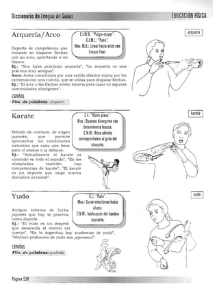 DiecíonaülJ,1 .FíSICA
arqueríaC.l.M.D.: "Pulgar·mayor".Arquería!Arco
C.I.M.I.:"Puño".
Mov. M.O.: lineal hacia atrás conDeporte de competencia que
consiste en disparar flechas tincazo linal.
con un arco, apuntando a un 

blanco. 

Ej.: "Sus hijas practican arquería", "La arquería es una 

práctica muy antigua". 

Arco: Arma constituida por una varilla elástica sujeta por los 

extrem os con una cuerda) que se utiliza para disparar flechas. 

Ej.: "El a rco y las flechas sirven todavía para cazar en algunas 

comunidades aborígenes". 

karateU: "Mano plana".Karate
Mov.: Opuesto divergente con
detenimiento brusco.
Método de combate, de origen C.N.M.:Boca abierta
japonés, que permite
correspondiente al grito delaprovechar las condiciones
naturales que cada uno tiene atacante.
para el a taque o la defensa.
Ej.: "Actualmente el karate es
conocido en todo el mundo". "En las
olimpíadas también hay
competencias de karate", "El karate
es un deporte que exige mucha
disciplina personal".
Yudo C.I.: "Puño"
Mov.: curvoa~:~~~táneo hacia .~
Antiguo sistema de lucha
japonés que hoy se practica C.N.M.: Inclinación del hombro A
tf'como deporte . izquierdo.
Ej.: "El yudo es un deporte
,,",' MAP..zt§,l uYque desarrolla el control del '·''-!L .• 

cuerpo", "En la Argentina hay academias de yudo", 

"Mu chos profesores de yudo son japoneses". 

¡SPAÑm
FIla, de pcitáliii>.s:,;yudoc¿i5,.. -,- ..
Página 5~4
-­
/
/
 