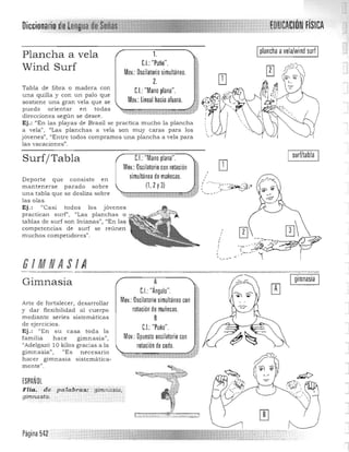 para los
surf/tabla
Mov.: Oscilatorio con rotación
simultánea de muñecas.
(1.2yJ)
e.l.:"Mano plana".SurfjTabla
,
,Depo rte que con siste en
:' ,"...':;;~~:~~;J.:."mantenerse parado sobre
.... -~ -'u n a tabla que se desliza sobre
las olas.
Ej.: "Casi todos los jóvenes
practican surf') liLas planchas o
tablas de surf son livianas"., "En las
competencias de surf se reúnen
muchos competidores»).
GIMNASI A
Gimnasia
Arte de fortalecer, desarrollar
y dar flexibilidad a l cuerpo
mediante series sis temáticas
de ejercicios,
Ej.: "En su casa toda la
familia hace gimnasia",
"Adelgazó 1O kilos gracias a la
gimnasia)) , '¡E s
hacer gimnasia
mente".
¡SPAÑOL
necesario
s istemática-
A
C.I:"Ángulo"
Mov.: Oscilatorio simultáneo con
rotación de muñecas.
B
C.I.:"Puño".
Mov.: Opuesto oscilatorio con
rotación de codo.
FHa• . d e patabras.: g.iJnntrsio,
gimnastiL
. j
Plancha a vela
Win d Surf
Tabla de fibra o madera con
una quilla y con un palo que
sostiene una gran vela que se
puede orientar en todas
direcciones segUn se desee .
Ej.: "En las playas de Brasil se prac tica mucho la pla n ch a
a vela", "Las planchas a vela son muy caras
jóvenes", "Entre todos compramos una p lancha a vela para
las vacaciones".
FíSICA

1.
el.: "Puño". 

Mov.: Oscilatorio simultáneo.

2.

e.l.: "Mano plana".

Mov.: Lineal hacia afuera. 

Iplancha avela/wind sud I
Página 5~2
 