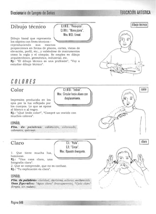 Diccionario
dibujo técnicoC.l.M.D.: "Pinza·pico".Dibujo técnico
CJM.I.:"Mano plana".
Mov. M.O.:lineal.
Dibujo lineal que representa
los objetos con fines técnicos ­
reproduciendo sus exactas
proporciones en forma de planos, cortes, vistas de
elevación, perfil, etc.• y valiéndose de instrumentos
corno la regla y el compás. Se emplea en dibujo
arquitectónico, geométrico, industrial, etc.
Ej.: "El dibujo técnico es una profesión", "Vaya
estudiar dibujo técnico".
COLORES 

C.l.M.O. "Indice"Color
Impresión producida en los
ojos por la luz reflejada por
los cuerpos. Lo que se opone
al blanco o al negro.
Mov.: Circular hacia afuera con. ~'
desplazamiento.
,
~~~~hS -» - • ~ _~~;::g;
Ej.: "¡Qué lindo color!", ·Compré un ves tido con
muchos colores".
ESPAÑOL
FHa.' .de.. palabras, ..c6tofAi#?in, 'ColoreaEi.b;;
Colorante,::qolore,ah:,
Claro C.I.: "Puño".
C.F.:"Cinco".
Mov.: Opuesto divergente.l. Que tiene mucha luz, 

luminoso . 

Ej.: "Una casa clara, una ~~~..~.:>:.&-;M*~­

fotografía clara".
2. Que se comprende, que no es confuso .
Ej.: "Tu explicación es clara".
ESPAÑOL
FllC•.; i{epªffz.~Hi's: .cIil,1mad> clarisimd/adárqr.,-;esdare8dO. /
USC¡$ )tgurd.!1os: 'AiJua :c1ara' (tratlspurerite), ~Ci,,¡o ciar,,;'
(limpio, .sin nubes). : . ..
Página 548
 