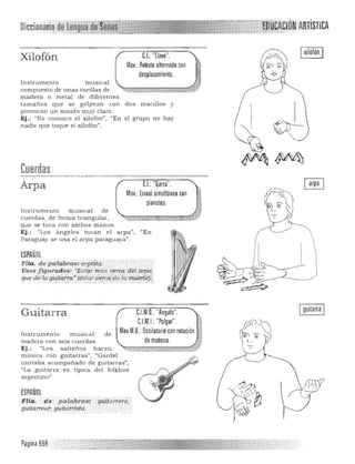 folklore
..guitarrero;'
Iguitarra I
DieeionariodeLellglÍa• • • -.<' ., -:
Xilofón
M
Instrumento musical
compuesto de unas varillas de
C.I.:"llave".
ov.:Rebote alternado con
desplazamiento.
m adera o metal de d ife ren tes
ta maños que s e golpean con dos m acillos y
p rovoca n u n sonido mu y claro .
Ej.: "No conozco el xilofon", "En el grupo n o hay
n adie que toque el xilofón".
Cuerdas
"Arpa
Mov.: lineal simultáneo con
pianoteo.
CI..:"Garra .
lnstru m e n to musical de 

cuerdas, de forma t ria ngula r, 

que se toca con amba s m anos. 

Ej. : "Los á n geles tocan el arpa", "En 

Paragu ay se u sa el arpa pa ragu aya". 

ESPAÑOL
Flia. depalabrastarpislac . , 

Usos figurados: ·Est~;.. rr¡ÁS ceté¡Qd~r«rP.i} 

que de ¡Qgi.J;#itt'¡y-fifsúlT,cercc{ dela rilÚeHej:'.",: .: .,...., ,.... . ___ .. .'" , ___' , ",x ." ',-.-.. :-:. ',',':' .
Guitarra
In s tru men to m u sical d e
madera con seis cu erdas.
Ej. : "Los salteñ os hacen
música con guitarras", "Gardel
can taba acampan ado de guita rras",
"La guita rra es típ ica d el
argentino" .
ESPAÑOL
FHa. .de palabras:
gllitQrrear , guitarrista.
Página 558
 