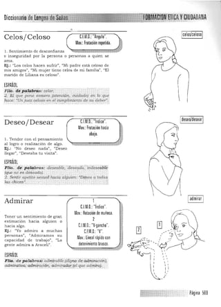 Celos/Celoso ClM.D.: "Angulo".
Mov.: Frotación repetida.
1. Sentimiento de desconfianza
e inseguridad por la persona o personas a quien se
ama.
Ej.: "Los celos hacen sufrir", "Mi padre está celoso de
mis amigos", "Mi mujer tiene celos de mi familia", "El
marido de Liliana es celoso".
ESPAÑOL
F;liÍJ. 4~p#t~lf~'cf¡; qilar.: ..
2: 'ii;1 que pone es'ttem J¡;rtena;~l), aiídado) en.10 que.
liace: 'Un juez celoso en.el cumplimJe,ito"de Su deber',.~".. '; ::: :'" :',::".,':'; :::.', .:, . : ~
C.l.M.D.: "Indice".Deseo/Desear
Mov.: Frotación hacia
abajo.
l. Tender con el pensamiento
al logro o realización de algo.
Ej .: "No deseo nada", "Deseo
llegar", "Deseaba tu visita".
ESPAÑOL
Pita. .'ÍÍi' p(ili,rlJras: ¿iéseabtÍI, desé¡¡db;"indesefiblib
(que twe.sdeseadr¡). . . ..' - , . . . . . ,
2. Sentir apetito sexu;ril haciq alguien: '~:¡;ea a tddas,
las eNcaJ!¡". · . . . :
Flia. d e palcibrai! 'aE.n:t.1rabl'ei(di9no de adiitir:iicióriJ,
admitatü)(J/ adtnira,piÓn, adm.{racJe~(el que aqmir~)"
Ideseo/desearI
Admirar
Tener un sentimiento de gran
estimación hacia alguien o
hacia a lgo.
Ej.: "Yo admiro a muchas
personas". ¡'Admiramos s u
capacidad de trabajo", "La
gente admira a Araceli".
ESPAÑOL
Iadmirar I
ClM.D,: "índice",
Mov. Rotación de muñeca.
2
nM.O.: "V·gancho". ;¡j
C.F.M.D. "V". '~
Mov.: lineal rápido con i
",,:¡;¡;;;de;;te:;n;;¡im;¡:;ie..nt;;;;o;:¡;br¡::us::;oco::;.:::::¡rJrJ
- "",-,#-;ro -= '1]"11 W'" po :i-?
Página 569
 