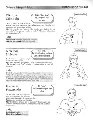DiccionarilL .CIUDADANA
ofender/ofendidoI:.I.M.O.: "Mano plana".
Mov.: Curvo hacia arriba
Ofender
Ofendido con golpe.
Decir o hacer a una persona 

alguna cosa que s ignifique para ella desprecio o humillación. 

Enojarse por un dicho o hecho. 

Ej.: "Se ofende por nada", "Me ofende que duden de mi 

honradezn
, f(No quiero ofender a nadie", "Estamos ofendidos
por sus palabras".
ESPAÑOL
.i;¡lhónimQs: ,ofrentar, agraviár; u¡tra.!pr,
F Ü4..:4e 'pa"'bras: ofÉnsiffO, ofensa.,....'
(
I molestar/mofesto IC.I.: "Cinco".Molestar
Mov.:Oscilatorio lento simultáneo.
Molesto C.N.M.:Expresión del rostro.
1. Causar a alguien algún '" 

malestar O desagrado. 

Ej.: "Me molesta que grites", "Los sobrinos la molestan", 

"Me molesta con sus nervios", "Molestamos a todo el 

mundo". 

ESPAÑOL
Sinónimos: estOrbiii; fiíromodár,'jliSti4iar, .'
2, Ofen.der u fi!el1dfir:se, aunque Ito' grauernel1te: "LO /llole!¡t6
queno lo invitaran.", .'Se moles.tó po'rque no' Í(J éspe,aron', • ;.
3; JÍlipédir que alguien haga lo que. desea o debe haCer "E!
1ti!10 4e la 1:,~il1ame ~;,l"~t,,e,!:~a ¡,,!'l', .
fracasar/fracasadoC.I.: "Pulgar".
Mov.: Opuesto convergente hacia .
Fracasar
b
Fracasado abajO. ,
qNo dar una cosa el res ultado
que se esperaba. No obtener
alguien cierta cosa a la que aspiraba.
Fracasado: persona que fracasa.
Ej.: "El alumno fracasó en su examen"J "Fracasaron los
intentos de reconciliación", "Se cons ideraba un hombre
fracasado".
ESPAÑOL

s¡ri4Fiiiposi¡áiía}; ." 

Fliá, c!e p á Z!ibh1S: fraCU$,o , 
,", .>".
 