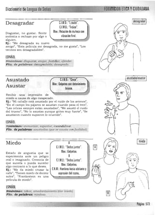 '.
Oi'r.r.iion, A
Idesagradar1C.l.M.D.: "l óvalo".Desagradar
C.F.M.D.: "índice".
Mov.: Rotación de muñeca conDisgustar, n o gustar. Sentir
molestia o rechazo por algo o vibración final.
alguien. 

Ej.: liMe desagrada su nuevo 

amigo", "Esta película me desagrada, no me gusta", "Los 

vecinos son desagradables". 

ESPAÑOL
Sltl6ti{m.,5:d&;gl,'$tar, eYlOJW. !aSt;d,iar, ofender.
j'll~. de palabras: de$'3!P!'da9J~'%l>f:'gree?'
asustado/asustarC.l.M,D.: "Cinco".
Mov.: Golpeteo con detenimiento
Asustado
Asustar brusco,
Recibir una impresión de 

miedo a causa de algo inesperado, 

Ej. : "Mi caballo esta asustado por el ruido de los aviones", 

"En el campo los pájaros se asu stan cuando pasa el tren", 

"Las cebras s iempre están asustadas", liMe asustó el ruido 

del tru eno", "No lo a sustas aunque grites muy fuerte" J "Se 

asustaron cuando supieron lo ocurrido". 

ESPAÑOL

S:iii6ti!¡¡.¡hs:Faiemonz'ii?, espa;rfa~escanda:!iza.r. . > 

F!ta. 'i:f~;;i!9Ia,!,l~~,: asustadiZo (que se asusta conjacilidad).,
'o, "" '.,. :,_,_:,._._,:.",,: <" ":.;.:.:.;;:::.:<.::~•.•••.•__.,___.__.._..."... ,' "" ~ 'V" "" _' .' . . _ - ,
Miedo
Estado de angustia que se
experimenta ante un peligro
real o imaginado. Creencia de
que suceda o pueda suceder
algo contrario a lo que desea.
Ej.: "Me da miedo cruzar la
calle", "Tienen miedo de dormir
solos", "Frankestein es una
película de miedo".
ESPAÑOL
A 

C.l.M.D. "Dedos juntos". 

Mov,: Golpeteo.

S
C.l.M.D.: "Dedos juntos". 

Mov.: Golpeteo.

C,N,M,: Hombroshacia adelante y 

expresión del rostro..

stri,(ln#~9s: ten,.?r~.ciiiiedi-eri{íifiiicnfO'taa¡, mítiido):'
FIla. d~, pal#kt<#; T,ieQoso. .
 