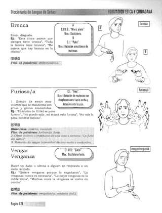 bronca
Bronca
Enojo, disgusto,
Ej.: "Esta chica parece que
siempre tiene bronca", "Toda
la faJIlilia tiene bronca". "Me
parece que hay bronca en la
oficina",
ESPAÑOL
A
C.l.M,D,: "Mano plana",

Mov,: Oscilatorio, 

B
C.I.: "Puño", 

Mov,: Rotación simultánea de

muñecas, 

}1'licL'C!i"jiCilabNii:'emtiroHCdí:ió/a.." 3-:·
Furioso/a C.I.: "Ires",
Mov.: Rotación de muñecas con
desplazamiento hacia arriba y1, E stado de enojo muy
violento que se manifiesta con detenimient~~::~" ",rIJgritos y gestos desmedidos, 

Ej.: "El árbitro de fútbol se pu so 

furioso", "No puedo salir, mi mama está furiosa", "No vale la 

pena ponerse furioso". 

ESPAÑOL
:$:iiíCJlumo$: colérico, iracUndo. ;-,;>
Fria", de paiabr;cu; júribundo, f!.tria ' "
2".obrar violento o impetuoso de una cosa,o persona. ".Lafurid¡
del viento", ' . ,. •
3, Me,I'1l€nto !1.e rtftJyor.intensidad d.ff iliUl modá Q 'cos!;ymbrl1,'
1:1
R~
"
Ifurioso/a I
Vengar C.l.M,D,: "Cinco",
Mov.:Oscilatorio lento,
Venganza
Hacer un daño u ofensa a alguien en respuesta a un
daño recibido,
Ej.: "Quiere vengarse porque lo engañaron", "La
venganza nunca es necesaria". "La mejor venganza es la
indiferencia", "Muchas veces la venganza se vuelve en
contra",
ESPAÑOL
FUa. dr' pd~t~iu~,gatluó/: ci., uer,¡d.,Uc: {itai.j.'
Página 5lB .,'­
vengar/venganza
 