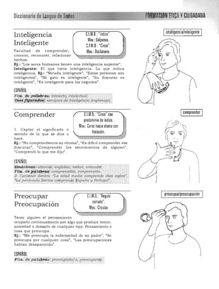 DiccionariBrle yCIUDADANA
C.l.M,D,: "Indice",In teligencia
Mov,: Golpeteo,
Inteligente CJM,D,: "Cinco",
Facultad de comprender, Mov,: Dscilatorio,
conocer, reconocer, relacionar
hechos,
Ej.: "Los seres humanos tienen una inteligencia -superior".
Inteligente: El que tiene inteligencia, Lo que indica
inteligencia. Ej.: "Mirada inteligente", "Estas personas son
inteligentes", "Mi gato es inteligente", "Su discurso es
inteligente", "Es inteligente para los negocios)',
ESPAÑUL
C.l.M,D,: "Cinco" conComprender
predominio de índice, :'1'
Mov,: Curvo hacia afuera con
l. Captar el significado o
frotación,sentido de lo que se dice o
~,~~~¡;¡;P'"- ~ :Rt­
hace. 

Ej.: "No comprendemos su idioma", "Es dificil comprender ese 

discurso", "Comprender los sentimientos de alguien", 

"Comprendí lo que me dijo", 

ESPAÑOL
Sinónin'lói : ábdTeat, englobar, inc!uír;cntenelf!ir.: 

Flia. d e pakt.bl'as! OiJmpr.ensiblt!, OiJmpren5Í6n, . 

2'. Co'rlLener dentro; 'La eelad m.e.dia.comprelfd.e diez siglos', . 

"Lapenirtsi.,la Ibérica co.mprende Españir'y PÓrluga", ' . 

inteligencia!inteligente
I comprender I
(~)
r::,~~
cerrado",
Mov,: Circular.
CJM,D, "AnguloPreocupar
Preocupación
Tener alguien el pensamiento
ocupado continuamente por algo que produce temor,
ansiedad o desazón de cualquier tipo. Pensamiento o
cosa que preocupa.
Ej.: "Me preocupa la enfermedad de su padre", "Se
preocupa por cualquier cosa", "Las preocupaciones
habían desaparecido".
ESPAÑOL
F ila; de palabras:preDcupu,~o/d, :~reól::upa~te~
preocupar!preocupación
 