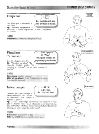 ANA
I Iempezar 1
C.I.:"Ovalo",Empezar
C.F,:"Cinco",
Mov,: Opuesto divergente hacia
Da r principio o comienzo a afuera con rotación de muñecas, "
una cosa.
Ej.: ¡'Mañana empezarnos a
estudiar", "La obra empieza en un mes", "Empiezan
las lluvias" . 
ESPAÑOL
~,i,!!~ii#lú)i>; coTrí:~r;'[iiiñCipfar;:iniC!,7'r..
C.I.:"Cinco" superpuesto"
CF "P I .. T
Finalizar
,,' ugar, ~
Terminar Mov,: Opuesto divergente con +J
Dar fin O llegar a una fin . PIB~a:en~o progr,es~vo de,,~::~¿JEj.: "Finalizó su obra", "La
historia fi nalizó m al", "Ya
terminó la película", "A las seis termina el
partido".
ESPAÑOL
;StA6ri~~9*:'lCxibar, CotlctUir." 

·fltíx. ' c.{i. P{I.~iif$: final, finalízc.ción, ténnfno, 

t~iTUlCión, lenninat .,,. ,",c', 

C.l.M,D,: "V",Interrumpir
C.F.M,D,: "Dúo",
Mov, :lineal haciaafuera,Detener por cierto tiempo o
defin itivamente u na acción
no teTrn inada a ún . Cortar a
alguien la palabra,
Ej.: "A cau sa del tiem po tuvimos que interrumpir el viaje
p or dos horas", "Es de mala edu cación interrum pir al que
está hablando") «Mañana se in terrumpe la luz", "Levantó el
brazo para interrumpir la conferencia".
ESPAÑOL
¡St~6!ii~9S: suspe",¡,der, cQrta~, 

lt.lla. de ~aklbras: inlermp:ción, inte1'lUpto, 

Página 590

 