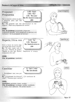 Diccionario yCIUDADANA
C.l.M.D.:"Angulo".Proponer
C.F.M.D.: "Mitón". ~~~
'ttPropuesta C.l.M.I.: "Mano plana".
Mov. M.O.:Rotación de muñeca con .~
Dar a conocer a otros un plan
"golpe. ~o proyecto para que sea . '[ .ir
aceptado . ~ ~~, ~T.7
Ej.: "Me propuso que nos asociáramos en ese
negocio", ¡¡Hizo una propuesta de cambio".
ESPAÑOL
Fila. de palab,.~: proftosici6n;ptópuesta.
Proponerse (decidir): ' Se'ha Projluestocónquist(1fa mi­
hermano', "Se hapropii~~~ fe.f!c¡;moso". .
C.l.M.D. "Dúo".Repetir/Otra vez
C.l.M.I.:"Mano plana". ~...'
Mov.:Rotación de muñeca con dDecir o hacer de nuevo algo
que ya ha sido dicho o hecho. golpe. , :1Ej.: "El niño repite todo lo
que oye", "Repitió de grado", ;; . i!' "'. ~J.,~ . j;;J­
"Repitió lo que dijo Karen", "Repitieron el ensayo,
ensayaron otra vez".
ESPAÑOL
Flia. de pa labras: répetiCióh..
Cambiar
l. Reemplazar una cosa por
CJ:'llave" o"Indice".
otra.
Ej.: "¿Cambiaste los dólares?" , "¿Te cambiaste de
casa?", "Tenemos que cam biar".
ESPAÑOL
Sinónimos: permutar¡ ,troCar, canfoar. .
Fila. de palabras: cambic¡;do, rombio, camlúQ;tlte..
2. Variar, estar diferente: ."ÉI cambiÓmuch¡/
~,.
proponer¡propuesta
repetir/otra vez
Icambiar I
/

/ 

,
Página 591
 