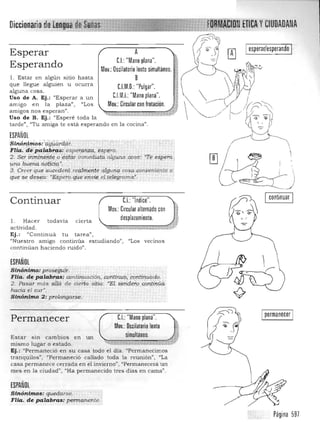 Ipermanecer I
Mov.:Dscilatorio lento
simultaneo.
C.I.: "Mano plana".Permanecer
Estar sin cambios en un
mismo lugar o estado. y~~
Ej,: "Permaneció en su casa todo el día. "Permanecimos
tranquilos", "Permaneció callado toda la reunión" , "La
casa permanece cerrada en el invierno", "Permanecerá un
m es en la ciudad", "Ha permanecido tres días en cama').
ESPAÑOL
Sinónimos: quedarse. 

Flia. de·pp.lab..as:permanente. 

Diccio

Esperar
Esperando
1. Estar en a lgún sitio has ta
que llegue alguien u ocurra
alguna cosa.
Uso de A. Ej.: "Espera r a un
amigo en la plaza", "Los
amigos nos esperan",
Uso de B. Ej.: "Esperé toda la
A
C.I.: "Mano plana".
Moy.:Oscilatorio lento simultáneo.
B
C.I.M.O.: "Pulgar".
C.l.M.I.:"Mano plana".
Moy.:Circular cnn frotación.
~;;;;;;:;;:::¡;z;mlImm¡urr~V
·_.M.~
tarde", "Tu amiga te está esperando en la cocinan,
ESPAÑOL
,sinp.,,:t6íqs:'gill;!<irdi'tr.· .. ~, .': ... . ..".
Flia.ti¡j.pal.i~}'''M: espefXfiJ..r.q;,~p~''á. . '
2. ser inrni"l~iit~ o ;e~'tlír inmediatA·ai~na;~?~a' '(']'e espérá .
V·!t.G ]iu_e:nq.:t;lpf;ü;{q,"" ::~ : . ' :"0:_ " "~__:_, ', ..•... ,."." . _ '.
3. 9reer que su.i;!ede~4 refl,ltil.IJ'1:tc!e 4JiJII71q cosa;aonpenié.nte o
qu~se<.ieseFi· "I4pliro qi.¡e .éjivi.e él !~liiªrama~. .• • . /...... ._ .'.'-,.. . ,,',._ , .',' ,', '.,,', ••, . . . . '. _. ,',"',' ',', o', ... .. :.......... ,. _,
Continuar
l . Ha cer tod avía cierta
C.I.: "Indice".
Mov.: Circular alternado con
desplazamiento.
a etividad . "';:¡'%!mó¡¡¡·n¡¡¡M::::.'i.:$­::-,::-:,=,C'.C'k'.,l>::­..~~",,:...;¡,"'.~,,"'.. 1""'_sr1j:%
Ej.: "Continuá tu tarea",
"Nuestro amigo continúa estudia ndo", "Los vecinos
continú a n haciendo ruido".
ESPAÑOl
Sinimill),i,!: prosf!9J!ir.~ ~ . .
Flia. dI! pp.la!>ra.s; cominllaci6!1, .contlttllp; Úpiitinu'ádo.
2. Pasar mas a'¡¡q 'de cierto. sitio; '"Ei ~e¡1.ciét':'cP~tii¡áa
hacia el s ur' .
Sin.ónimo 2: prolongarse..'

 . ,
~ '!
~j
(f:~
I continuar I
.."


Página 597
 