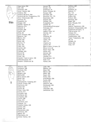 8
I
r~
( 

Mitón 

Agua nieve, 259 

Aire, 256 

Almendro, 268 

Amar / Querer, 566 

América, 364 

América del Norte, 364 

América del Sur / Sudamérica, 375 

Amor I Enamorado, 566 

Ancho/a, 44 

Angosto/a, 44 

Apagar, 302 

Apartar / Aparte, 65 

Apertura, 614 

Aplaudir. 9 

Arrayán, 268 

Asado,240 

Atrás , 58 

Aval / Garantía, 480 

Bisectriz, 106 

Blanco,551 

Blusa, 461 

Brisa, 256 

Burro/a, 77 

Caja, 303 

Calor, 255 

Camíno, 28 1 

Casa, 297 

Castigar, 593 

Cerca, 60 

Cerrar, 69 

Codo, 169 

Copular I Hacer el amor, 189 

Checoslovaquia, 410 

Delante / Delante de, 58 

Almacén, 292 

Ambiente, 298 

Australia, 424 

Baño,315 

Bélgica, 408 

Belice,369 

Boca Juniors, 529 

Brasil,394 

Burro, 154 

Campamento / Camping, 621 

Cárcel / Prisión, 285 

Carnice ría, 291 

Carpa, 621 

Cerrar, 69 

Clase / Aula, 336 

Cocina, 317 

Comedor, 309 

Confitería, 291 

Congreso, 284 

Correo, 286 

Cuba, 372 

Dormitorio,3 12 

Elefante, 157 

Estados Unidos, 336 

Ezeíza, 379 

Garaje , 322 

Hipoacusico, 206 

Honduras, 370 

Iglesia, 447 

Importado/a, 56 

Jamas I Nunca, 124 

Desviar, 68 

Dorado, 143 

Ensanchar, 44 

Entrar / Entrada, 59 

Escapar, 596 

Escuadra, 349 

Escuchar / Oír, 179 

Espectador, 289 

Esquina, 281 

Estudiar, 339 

Evangelista, 451 

Felicitar, 36 

Fotocopiadora/Fotocopiarl
Fotocopia, 517 

Fresco,256 

Gallina / Pollo, 141 

Gaviota, 140 

Igual, 37 

Juntos/as, 65 

Lacio/a, 84 

Ladrar, 150 

libro, 14 

limpio/a, 50 

llanura, 261 

Mano a mano I A mano, 32 

Mío/a / A mí, 26 

Nacer / Parir, 188 

Noche, 253 

Noviola, 440 

Paliza, 593 

Panamá,371 

Para siempre, 123 

Partir, 214 

Patinar, 543 

Judio, 450 

Mellizos, 437 

Mesa, 309 

México, 367 

Militar, 499 

Negro, 553 

Polera, 462 

Presidente/a, 508 

Puerta, 299 

Rodear, 64 

Santa Fe, 389 

Sordomudo, 206 

Tonto/a, 77 

Tribunales, 284 

Zambullirse, 532 

Patrón/a, 483 

Peral, 271 

Pesado/a, 52 

Petizo/a, 71 

Pez, 143 

Pingüino, 141 

Pollera, 464 

Pulóver, 463 

Rechazar, 587 

Regla, 349 

Rosa / Rosado, 553 

Ruta, 281 

Salame / Salchichón, 238 

Sandwich / Emparedado, 230 

Suplemento de diario, 15 

Toda la noche, 121 

Trampa, 610 

Tranquilo/a, 572 

Transportador, 348 

Tratar / Tratamiento, 199 

Ufa, 30 

Variable, 55 

Vidrio, 300 

Volar, 137 

 